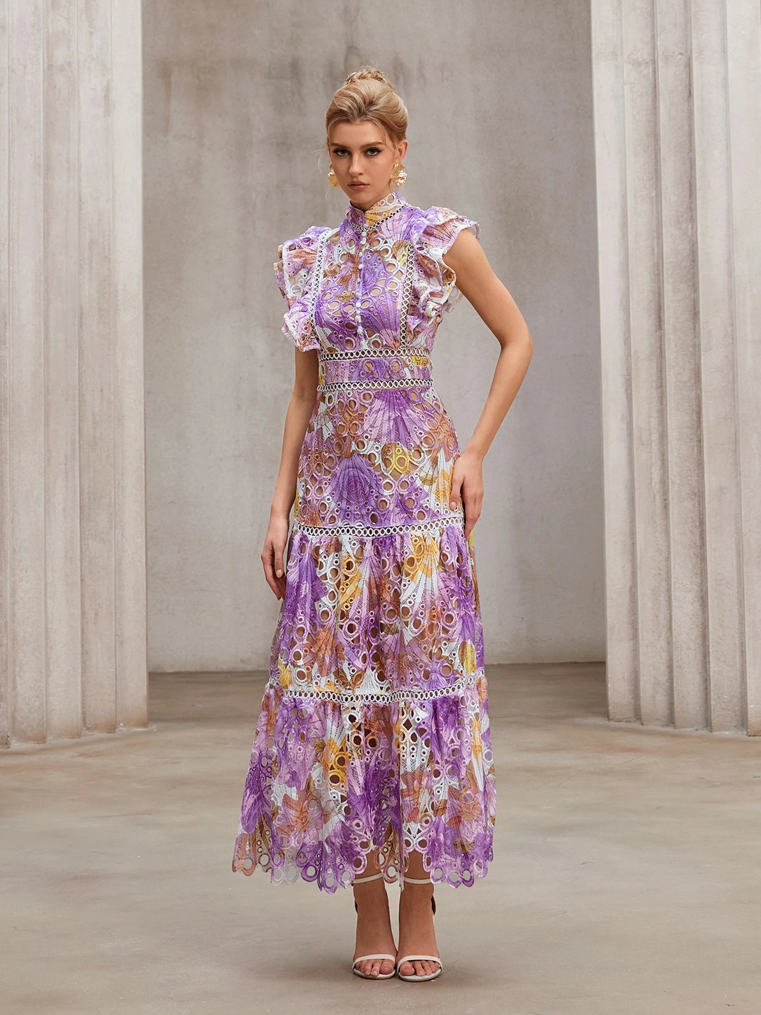 Sheer-Insert Embroidered Midi Dress|NOOSGOP