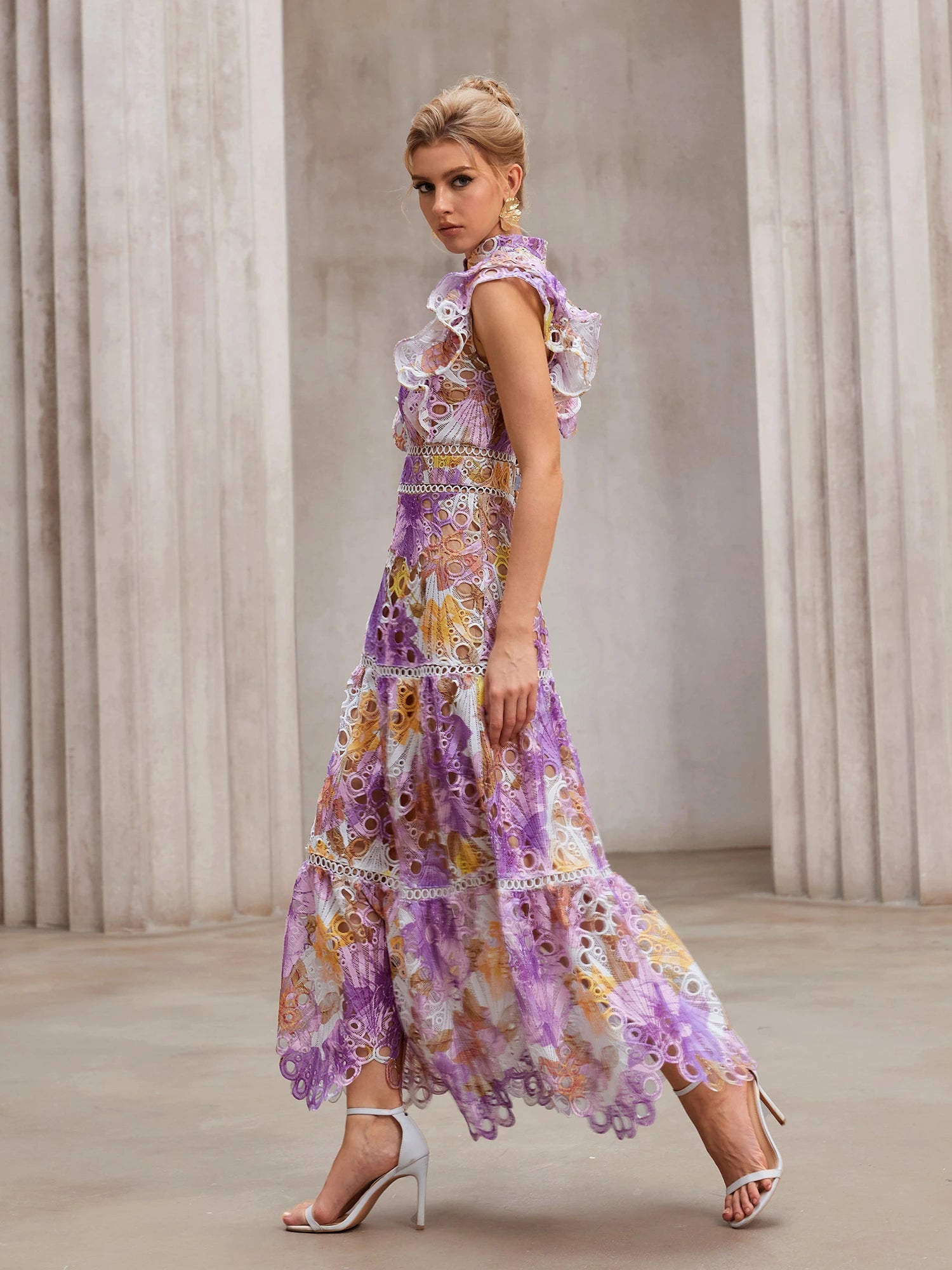 Sheer-Insert Embroidered Midi Dress|NOOSGOP