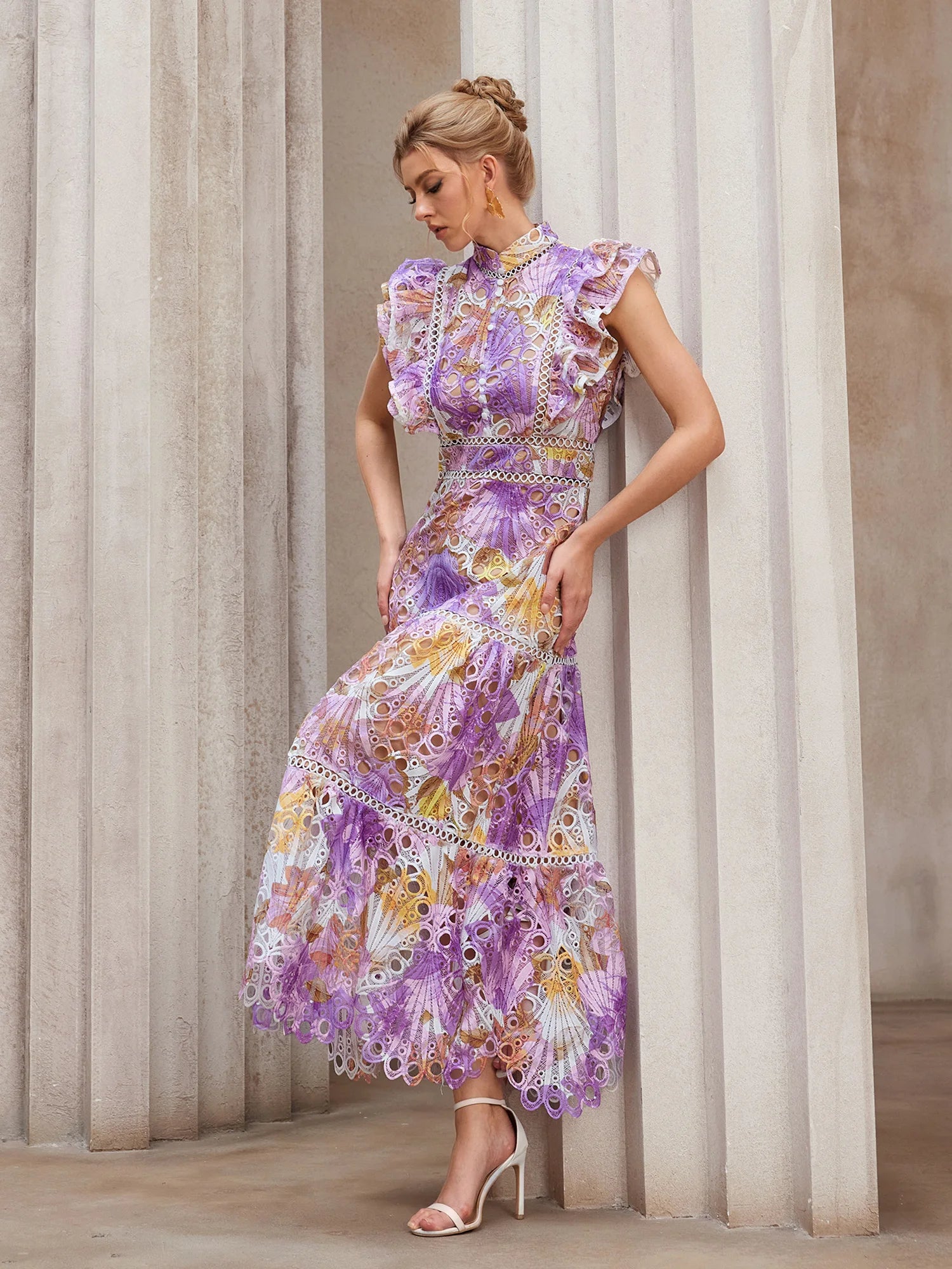 Sheer-Insert Embroidered Midi Dress|NOOSGOP