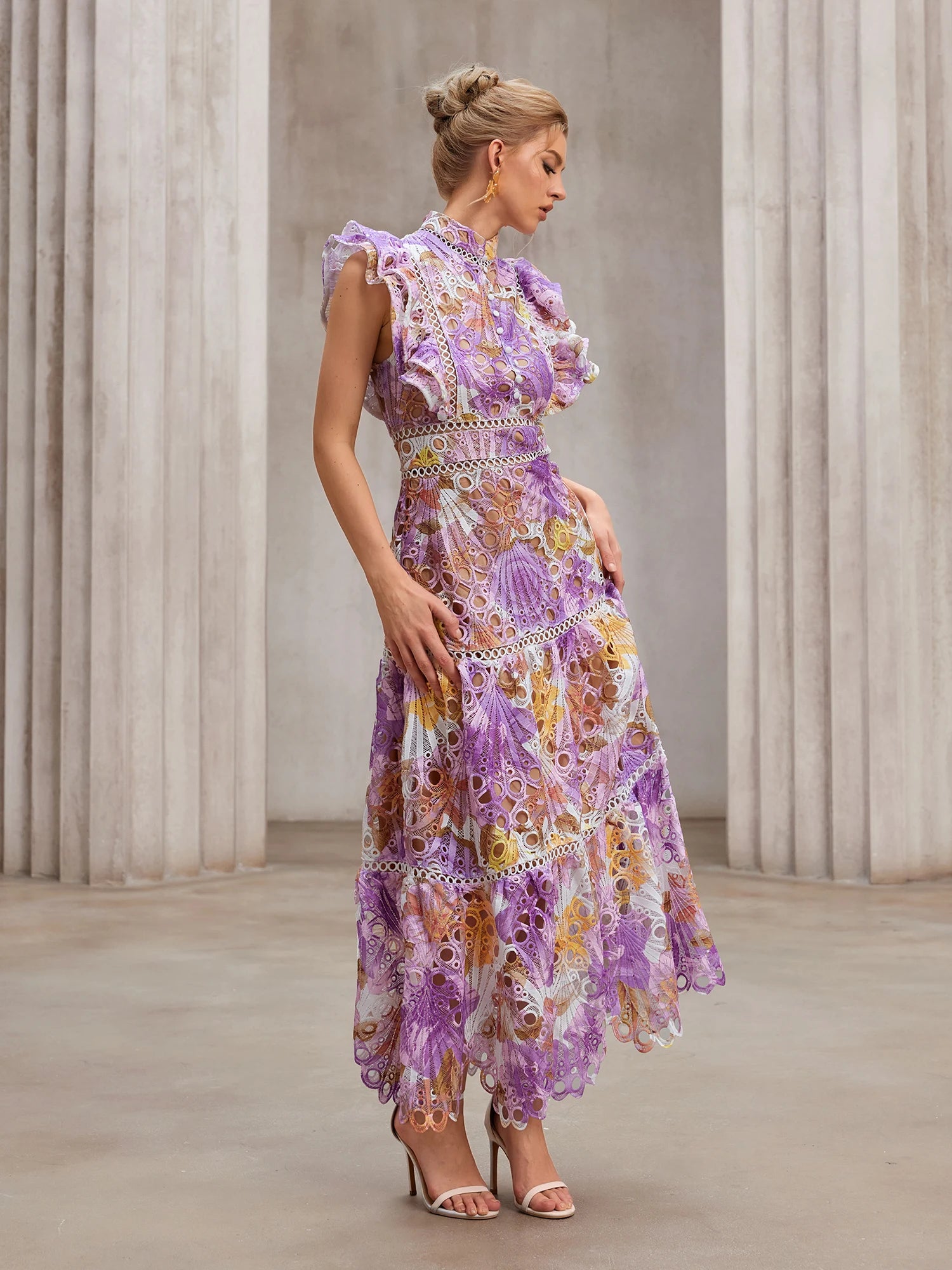 Sheer-Insert Embroidered Midi Dress|NOOSGOP