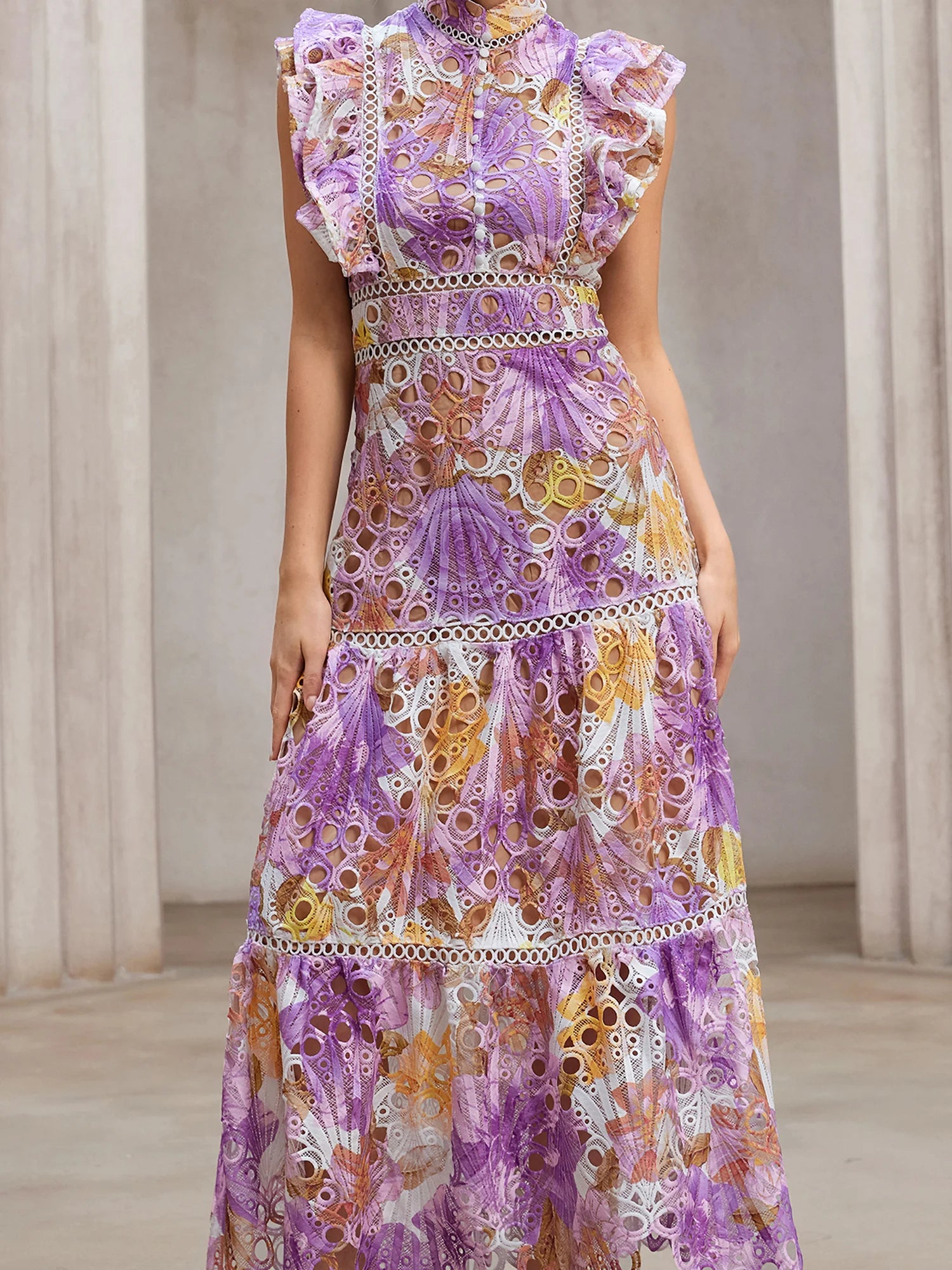 Sheer-Insert Embroidered Midi Dress|NOOSGOP