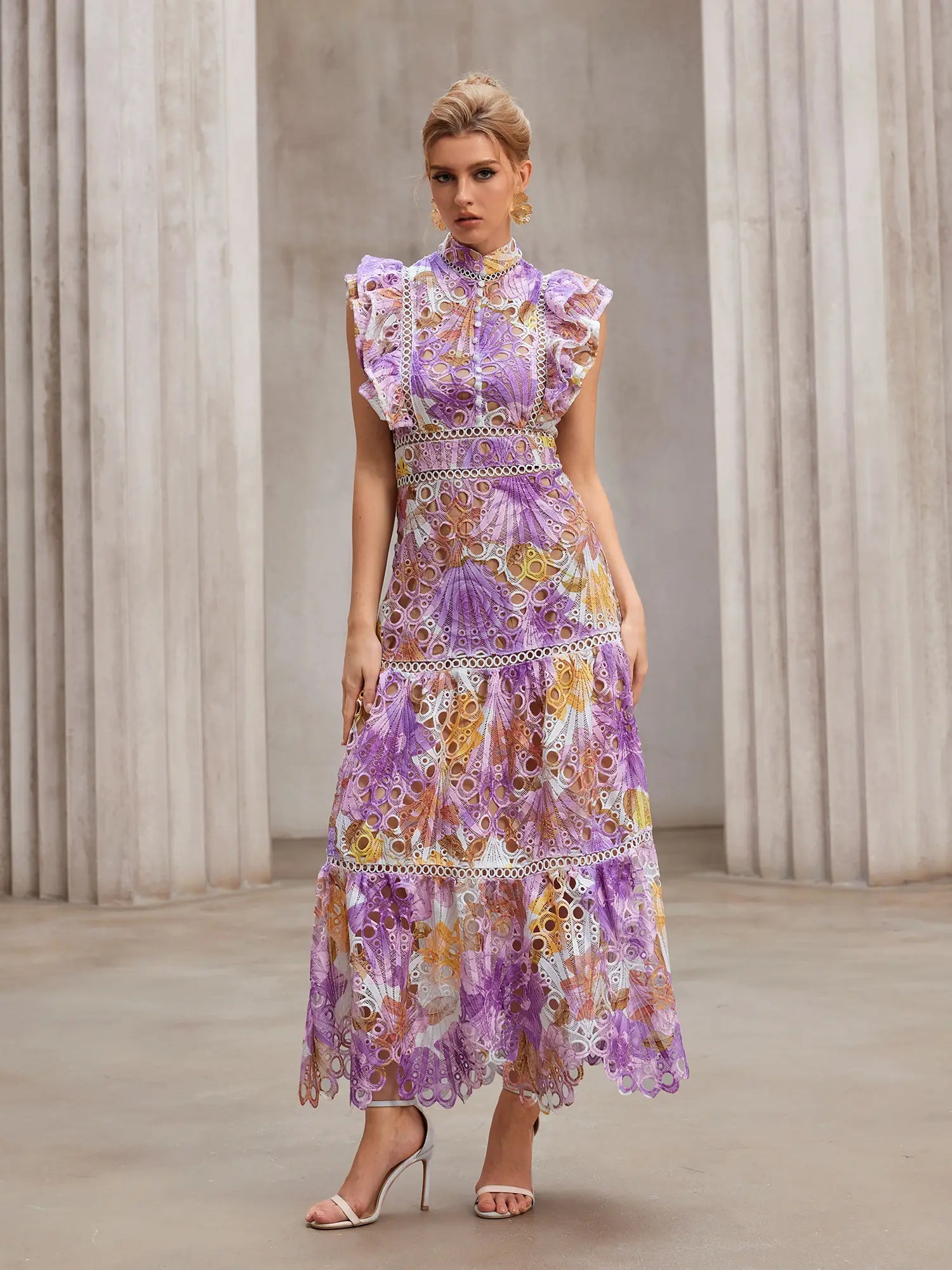 Sheer-Insert Embroidered Midi Dress|NOOSGOP