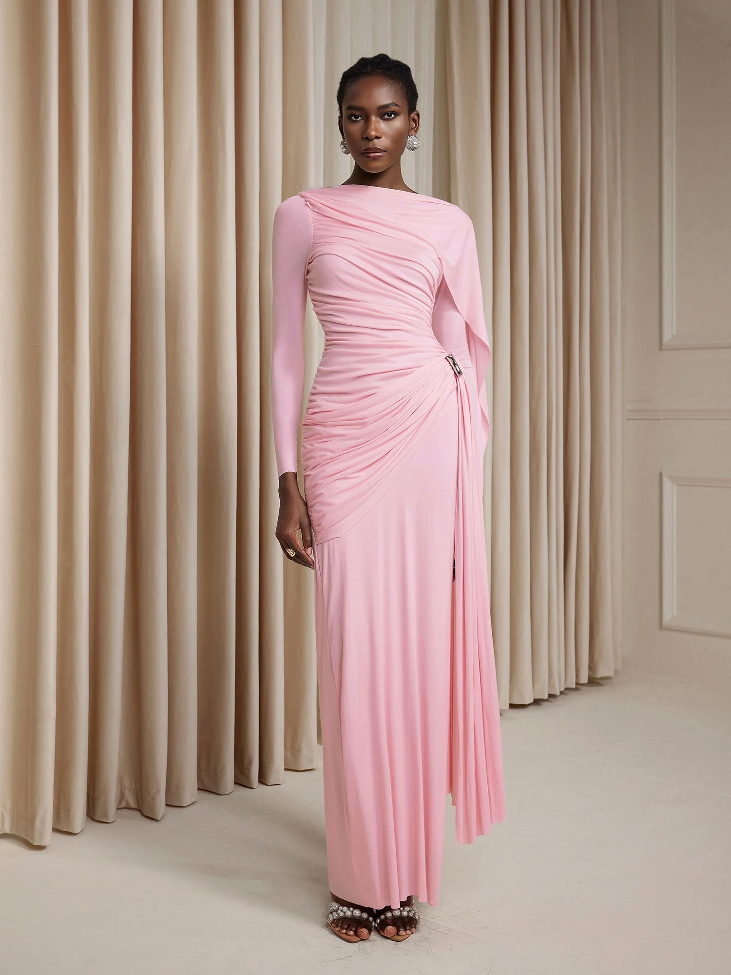 Asymmetric Ruched Cape Maxi Dress|NOOSGOP