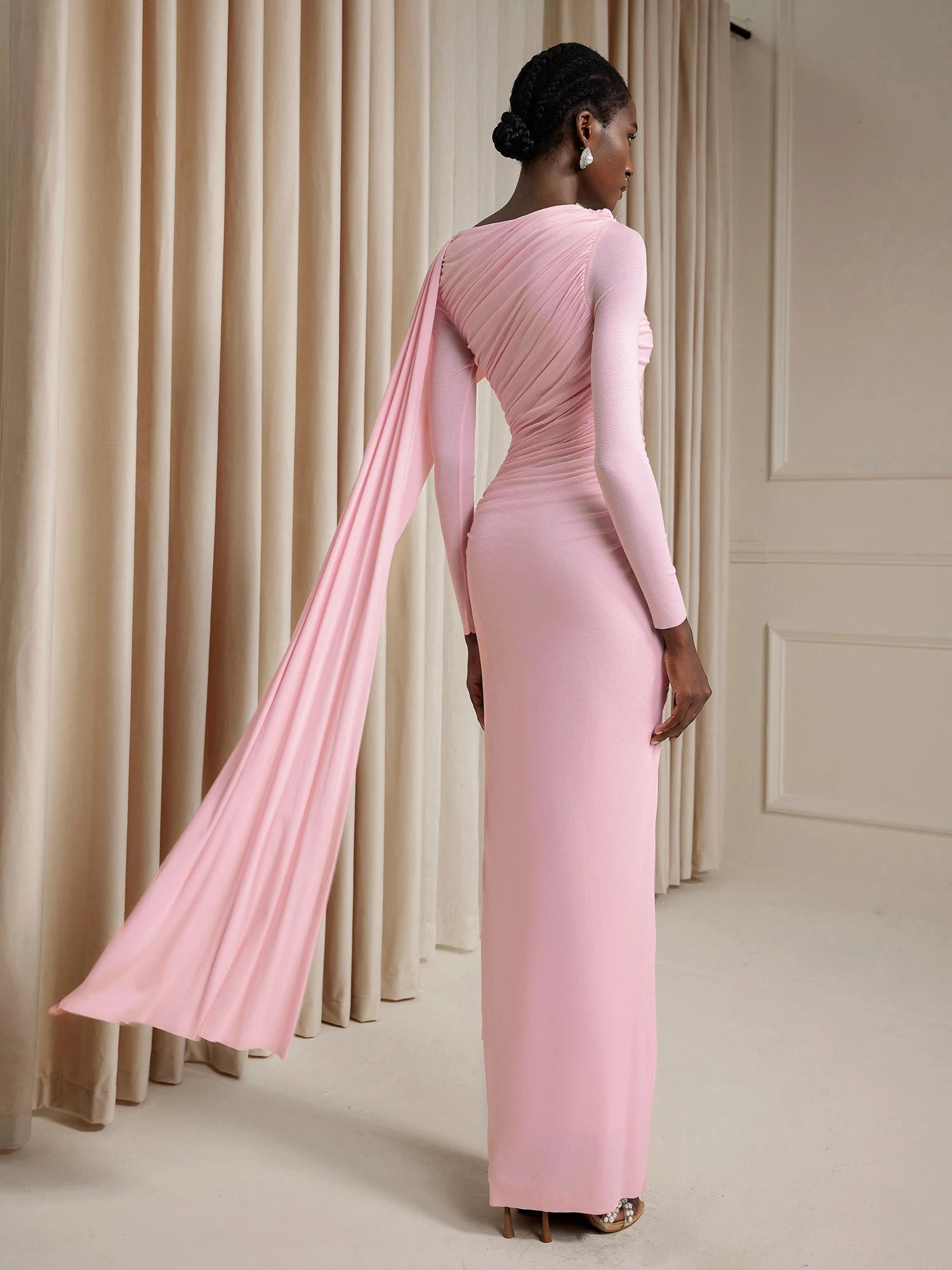 Asymmetric Ruched Cape Maxi Dress|NOOSGOP