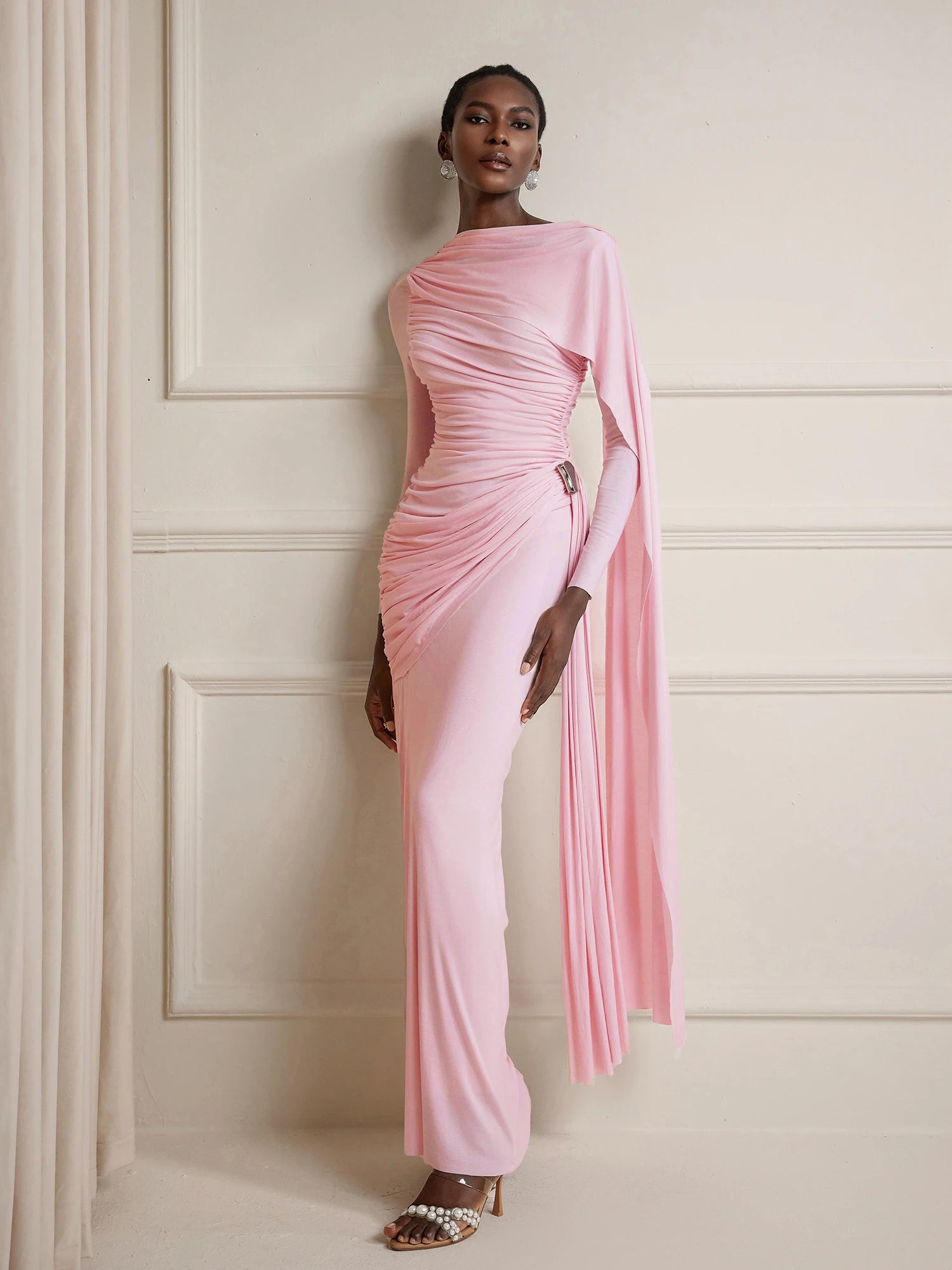 Asymmetric Ruched Cape Maxi Dress|NOOSGOP