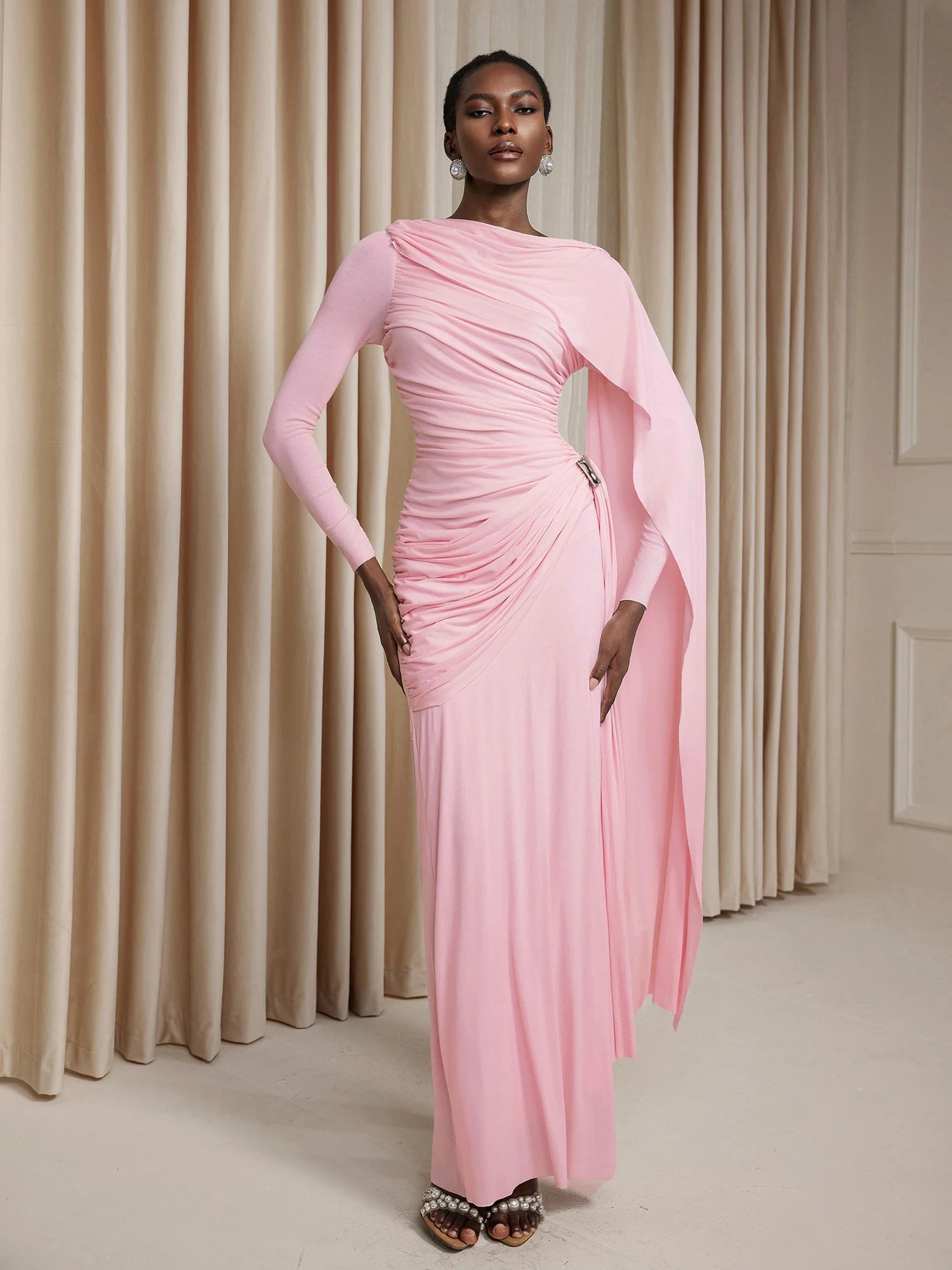 Asymmetric Ruched Cape Maxi Dress|NOOSGOP