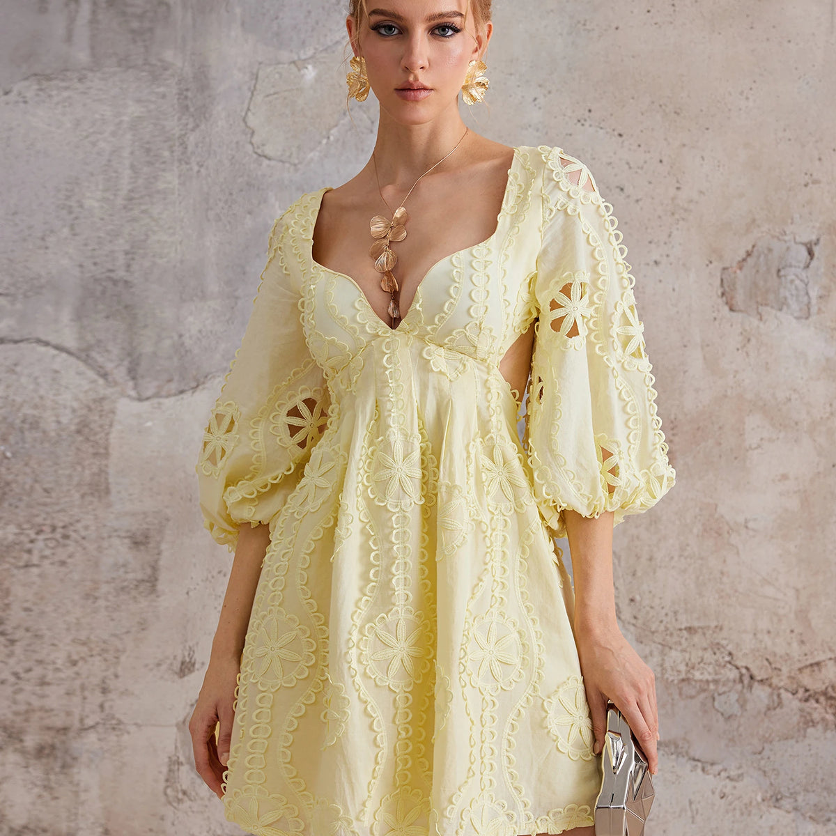 Yellow Deep V-Neck Mini Dress – Backless Bubble Sleeve Vacation