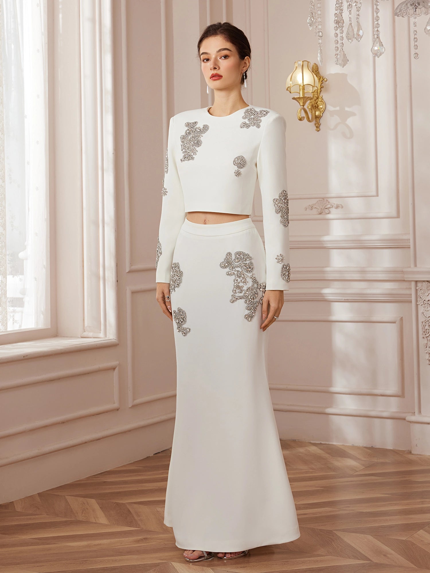 Beaded Pavé-Trim Crop Top and Skirt Set|NOOSGOP