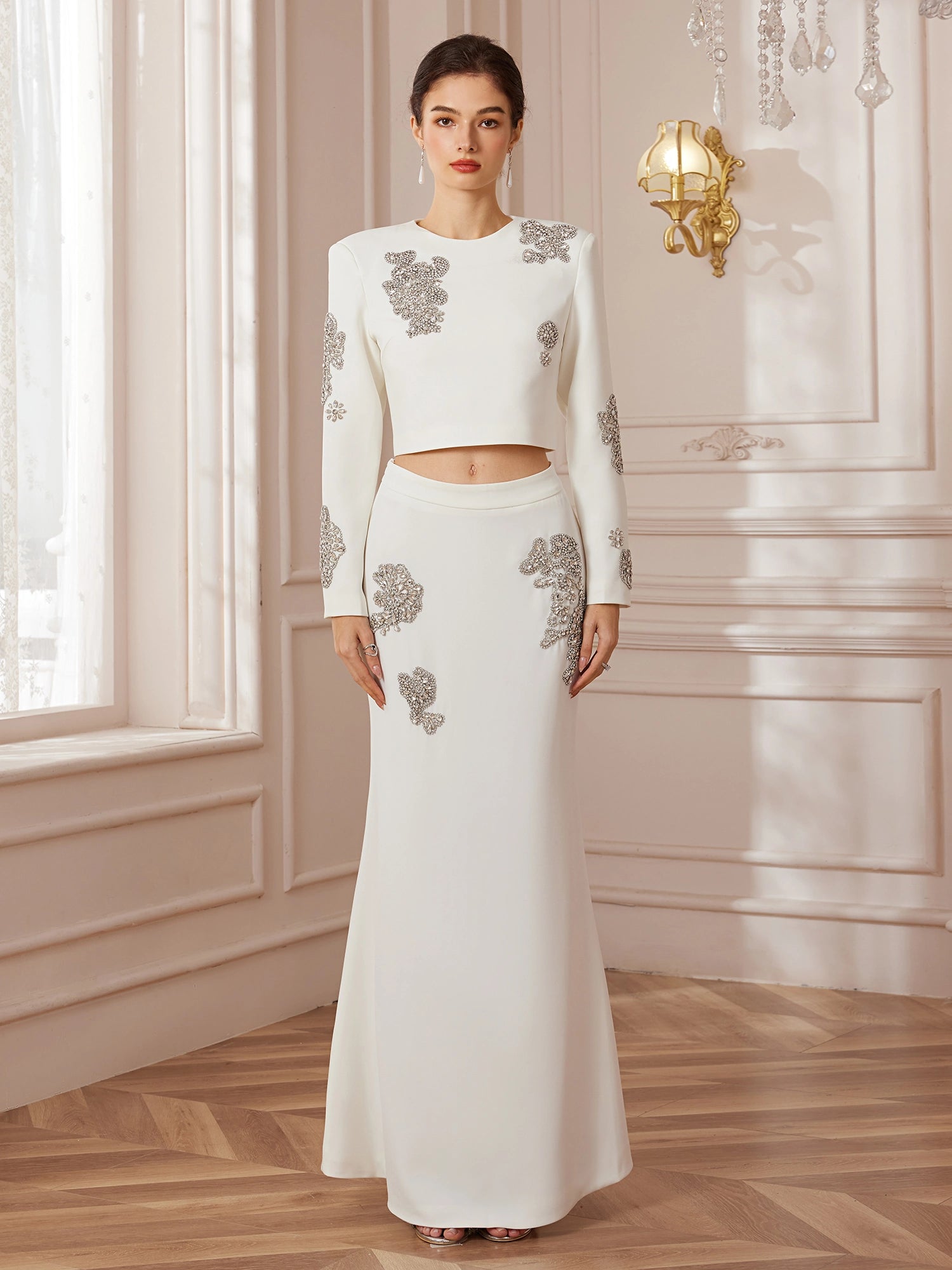 Beaded Pavé-Trim Crop Top and Skirt Set|NOOSGOP