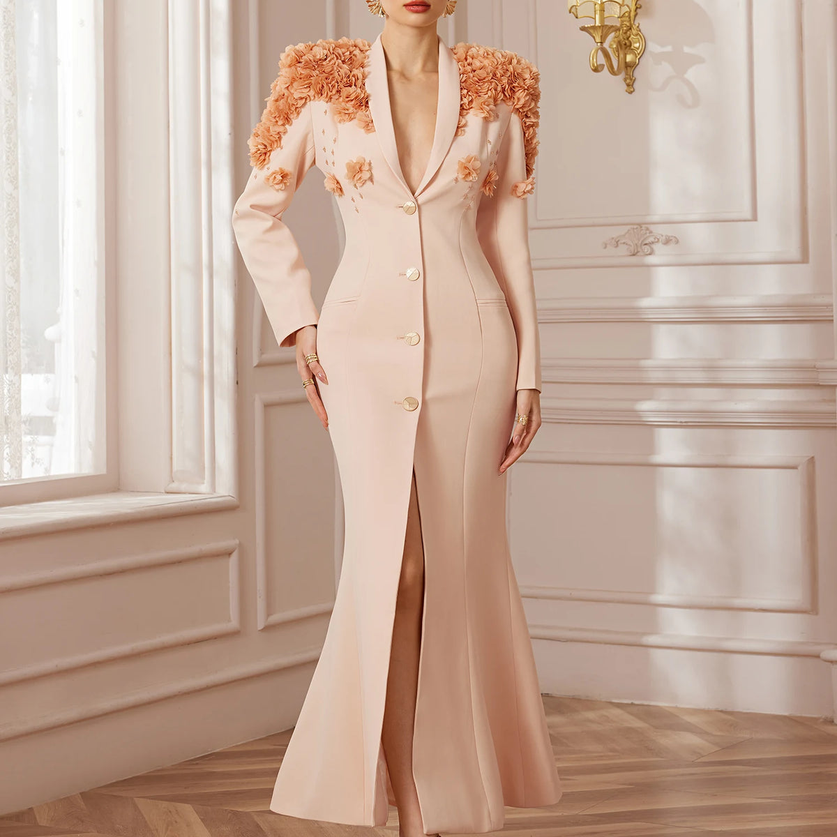 Shawl-Collar Maxi Dress with 3D Floral Shoulders