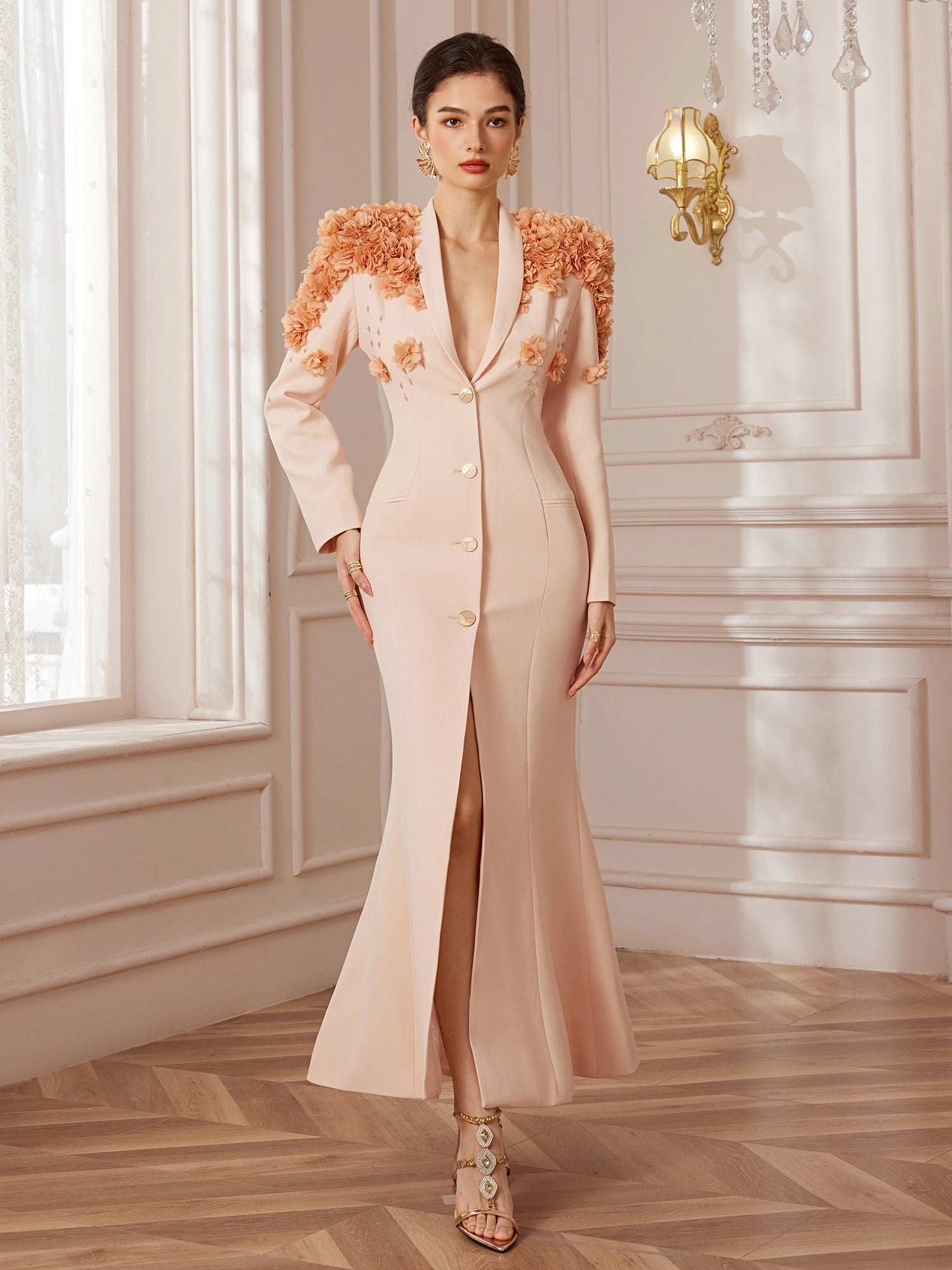 Beadwork Shawl-Collar Maxi Dress|NOOSGOP