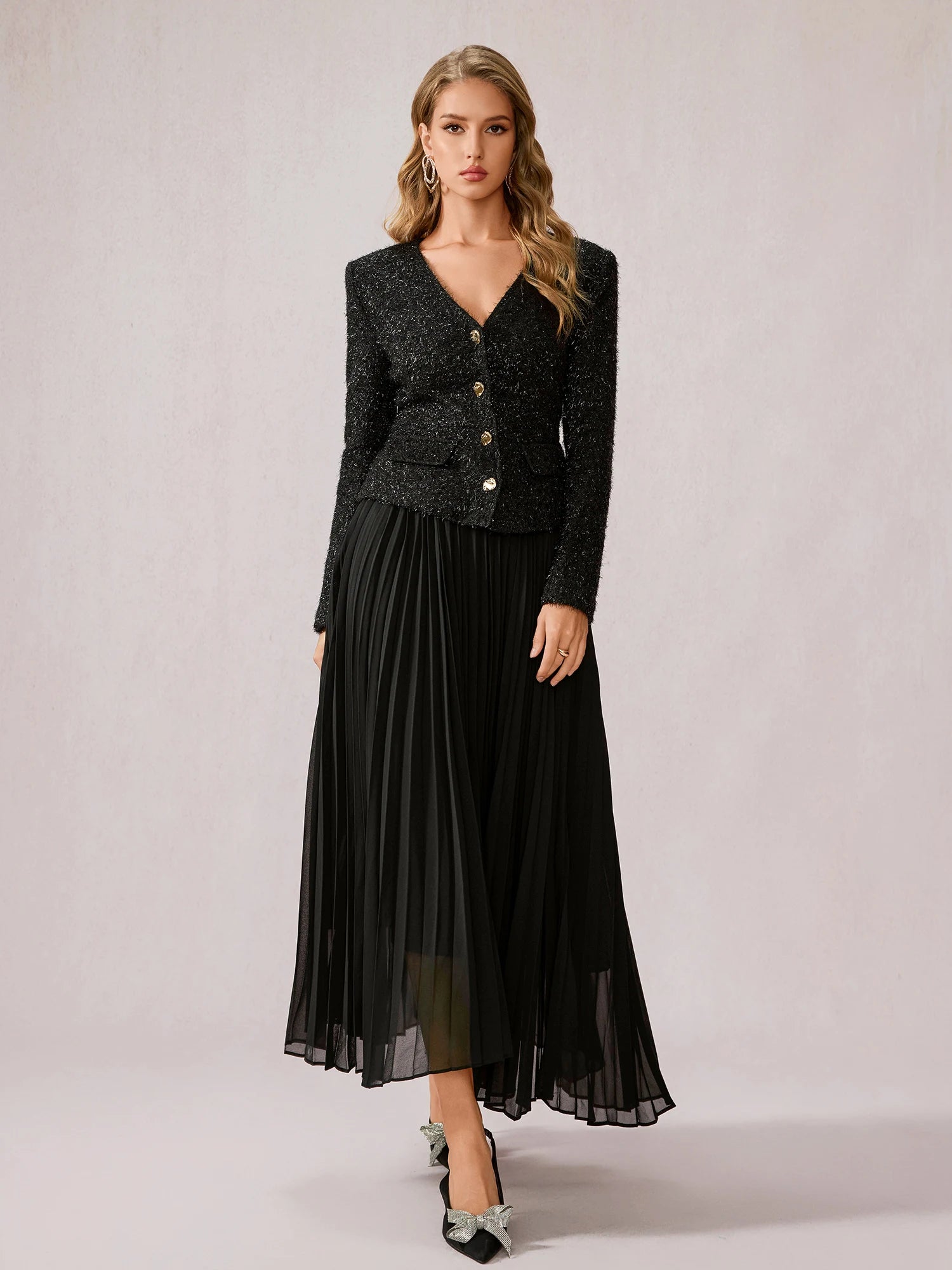 Black Fuzzy V-Neck Two-Piece Set|NOOSGOP