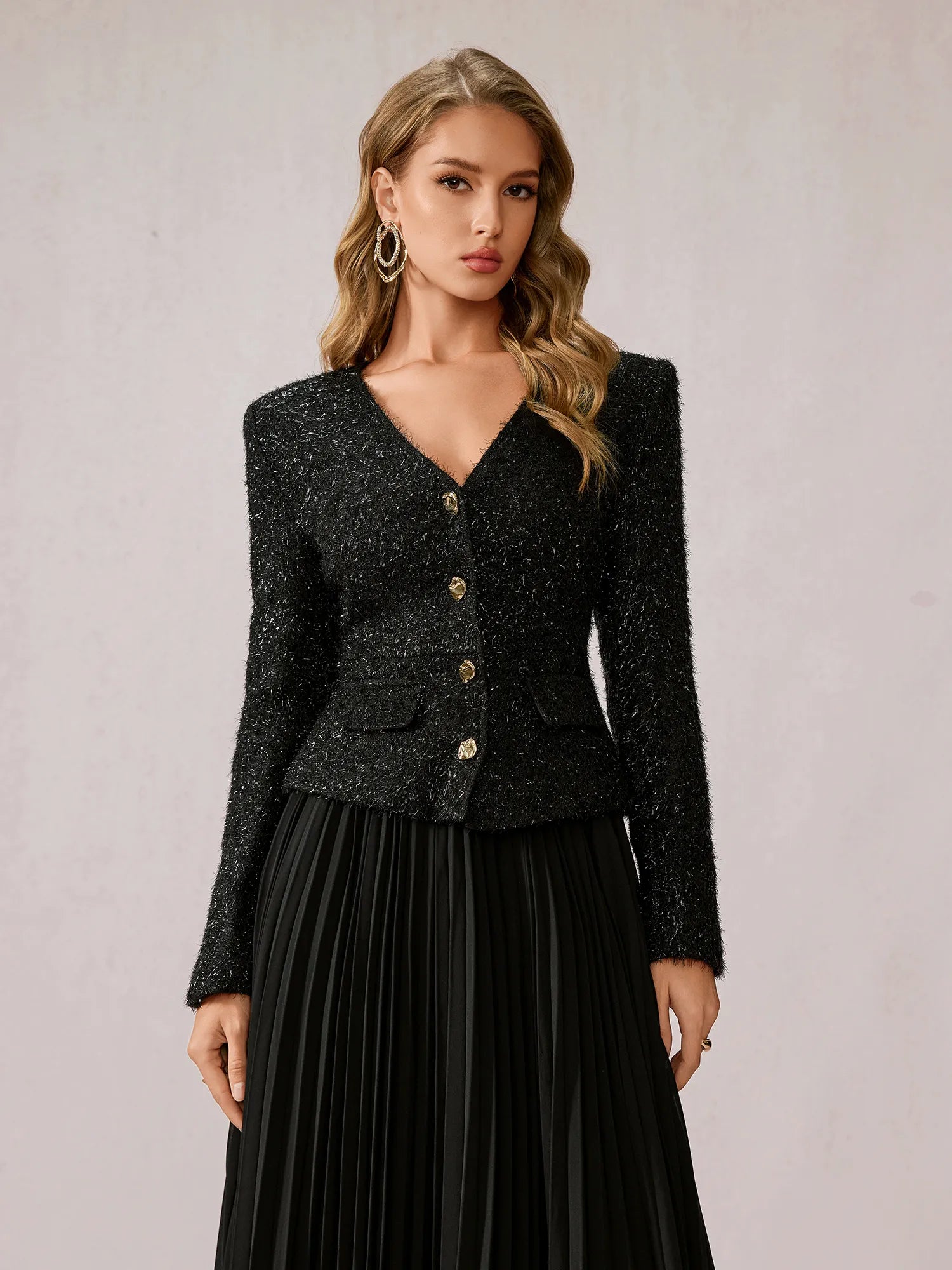 Black Fuzzy V-Neck Two-Piece Set|NOOSGOP