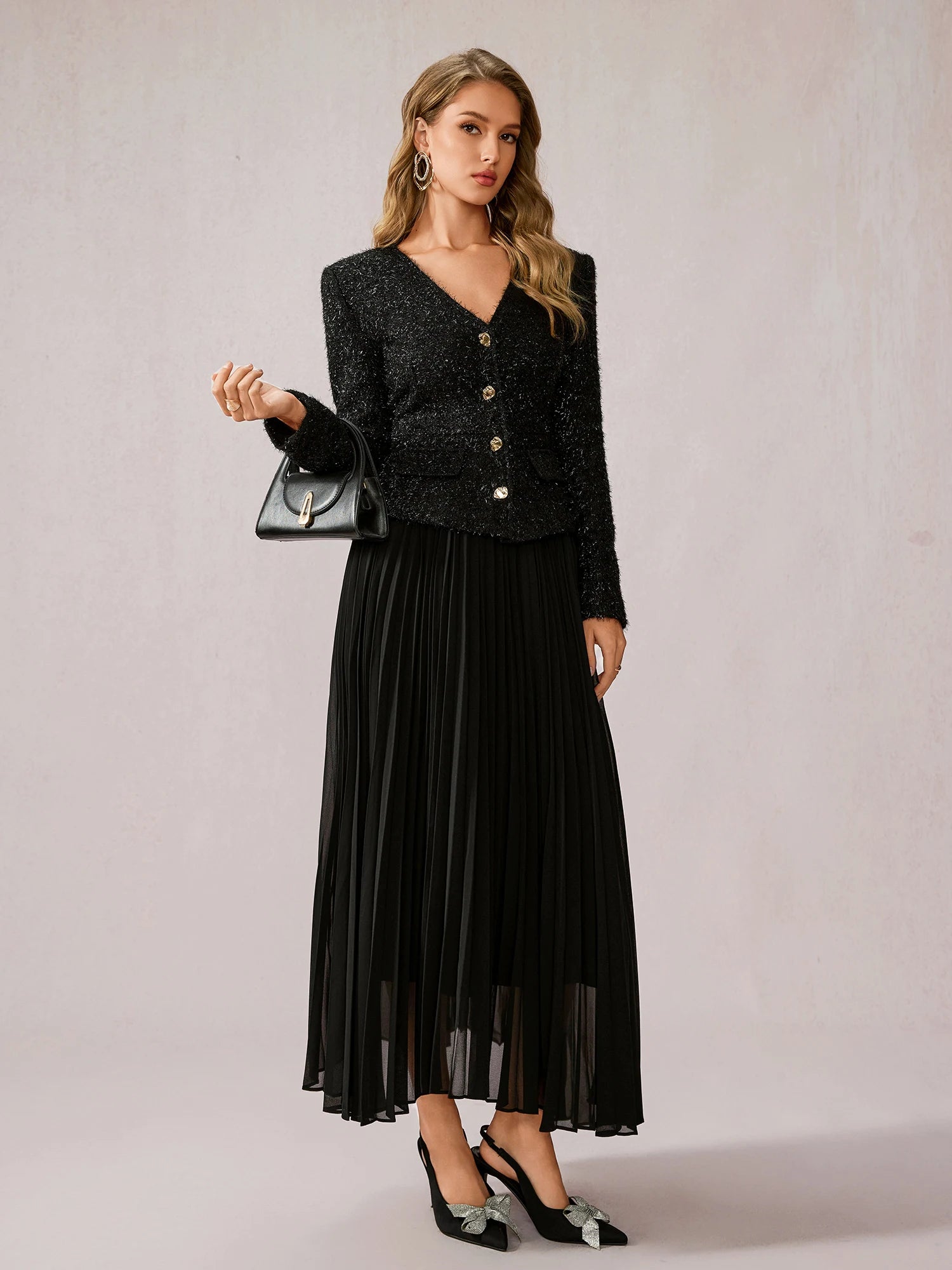 Black Fuzzy V-Neck Two-Piece Set|NOOSGOP