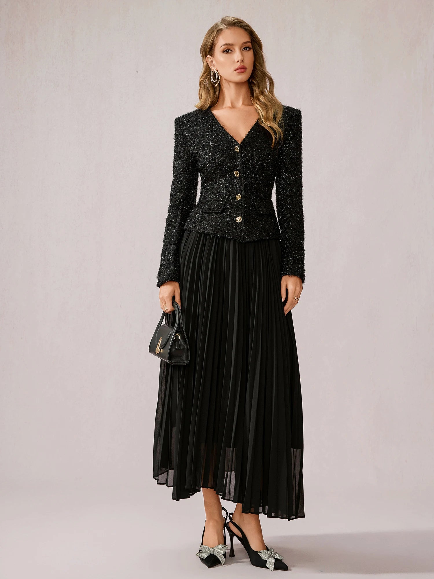 Black Fuzzy V-Neck Two-Piece Set|NOOSGOP