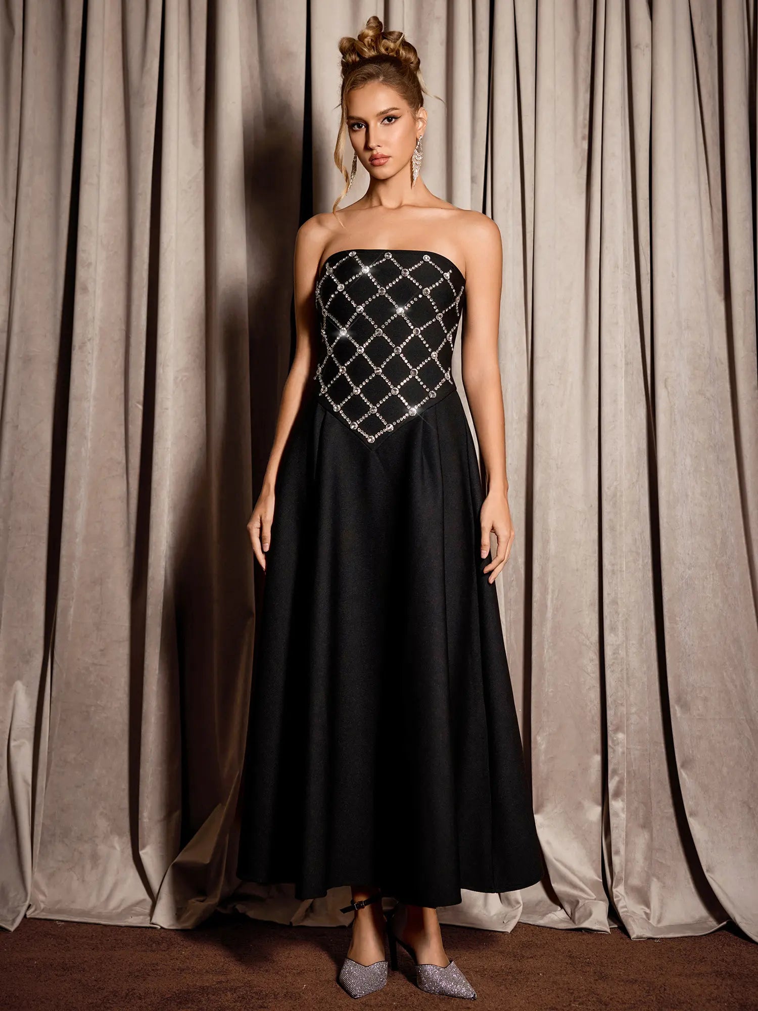 Black Rhinestone Grid Formal Midi Dress|NOOSGOP