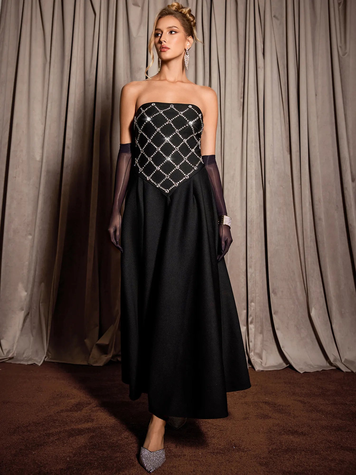 Black Rhinestone Grid Formal Midi Dress|NOOSGOP