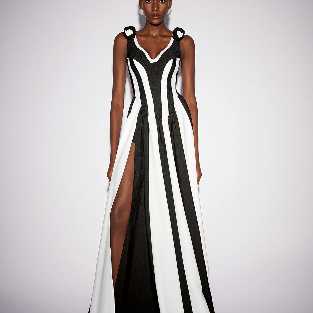 black and white striped long maxi dress Black and White Stripe Floral Maxi Dress Mono Clash / M