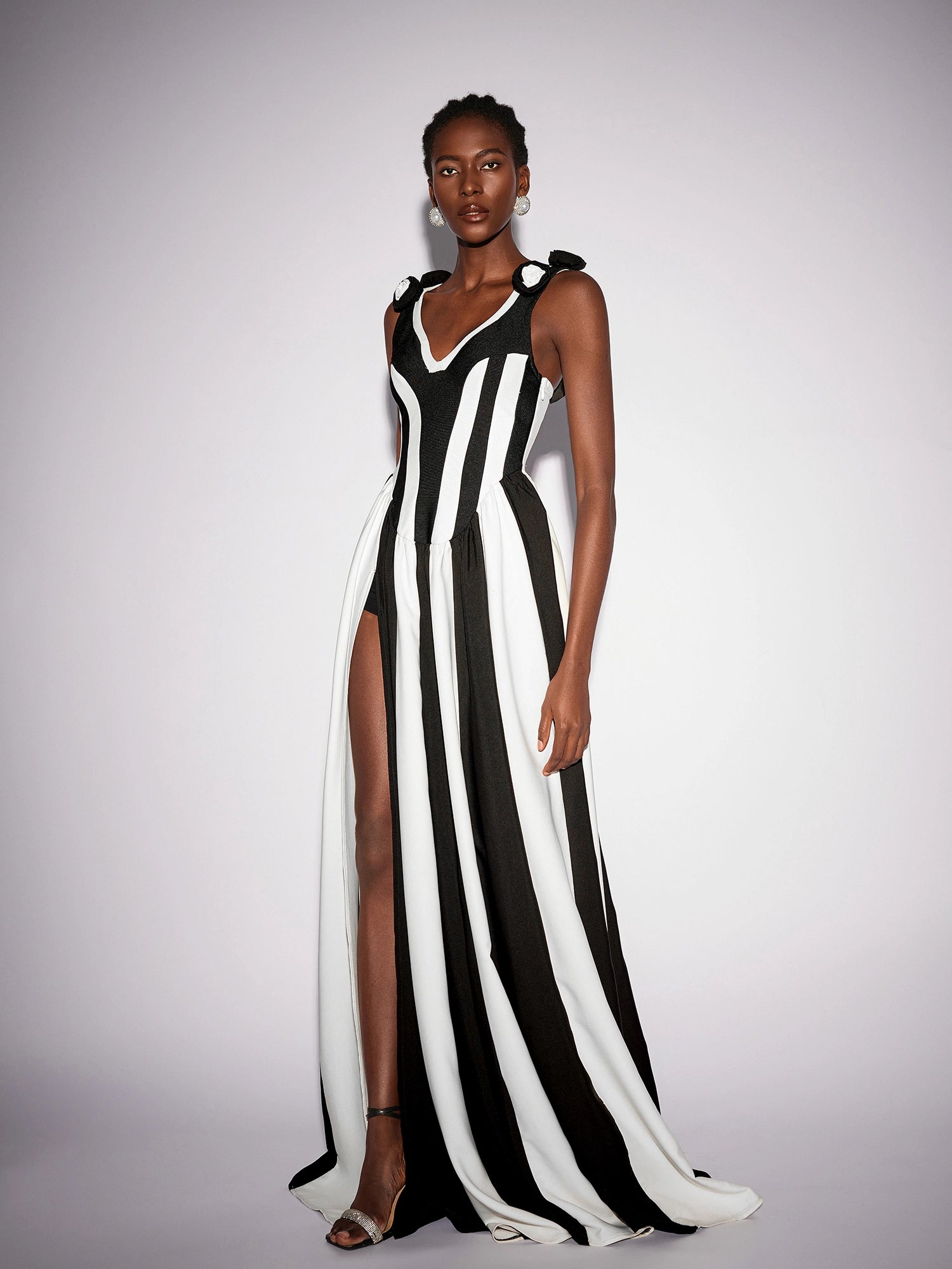 Black and White Stripe Floral Maxi Dress|NOOSGOP