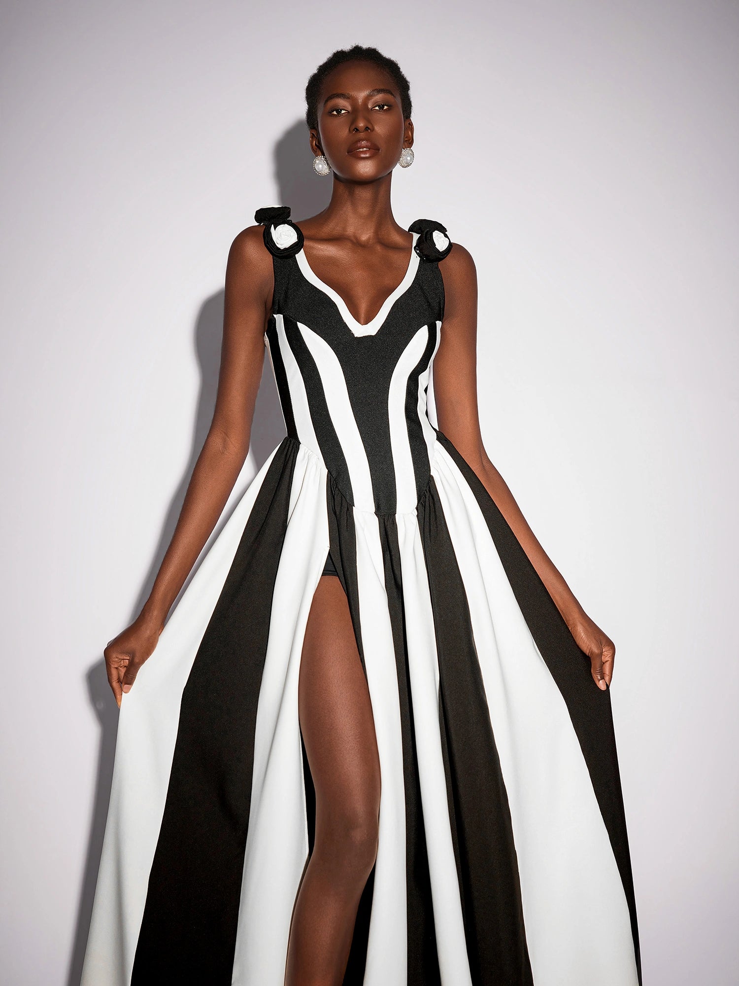 Black and White Stripe Floral Maxi Dress|NOOSGOP