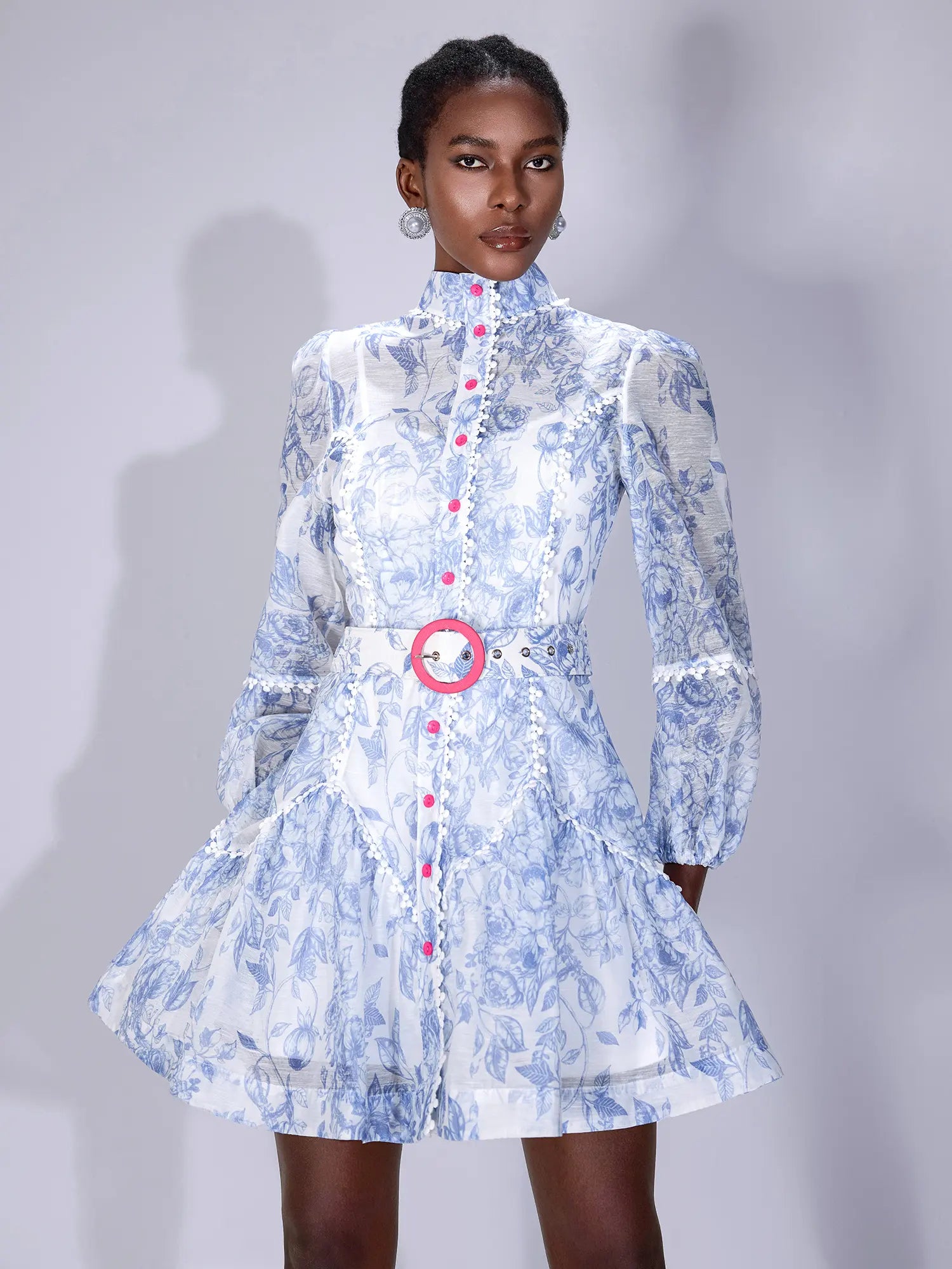 Blue Printed High-Neck Mini Dress with Belt|NOOSGOP