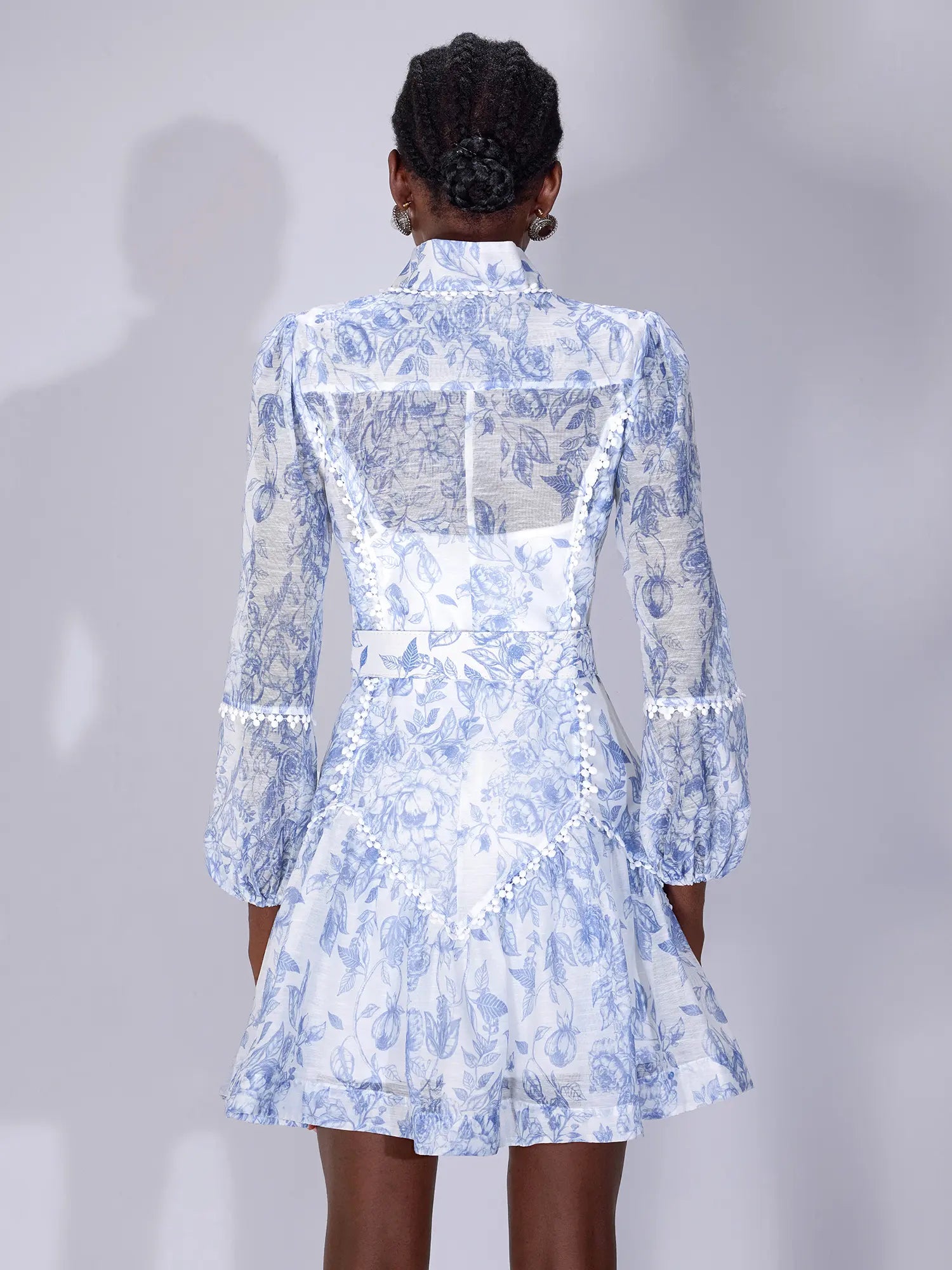 Blue Printed High-Neck Mini Dress with Belt|NOOSGOP