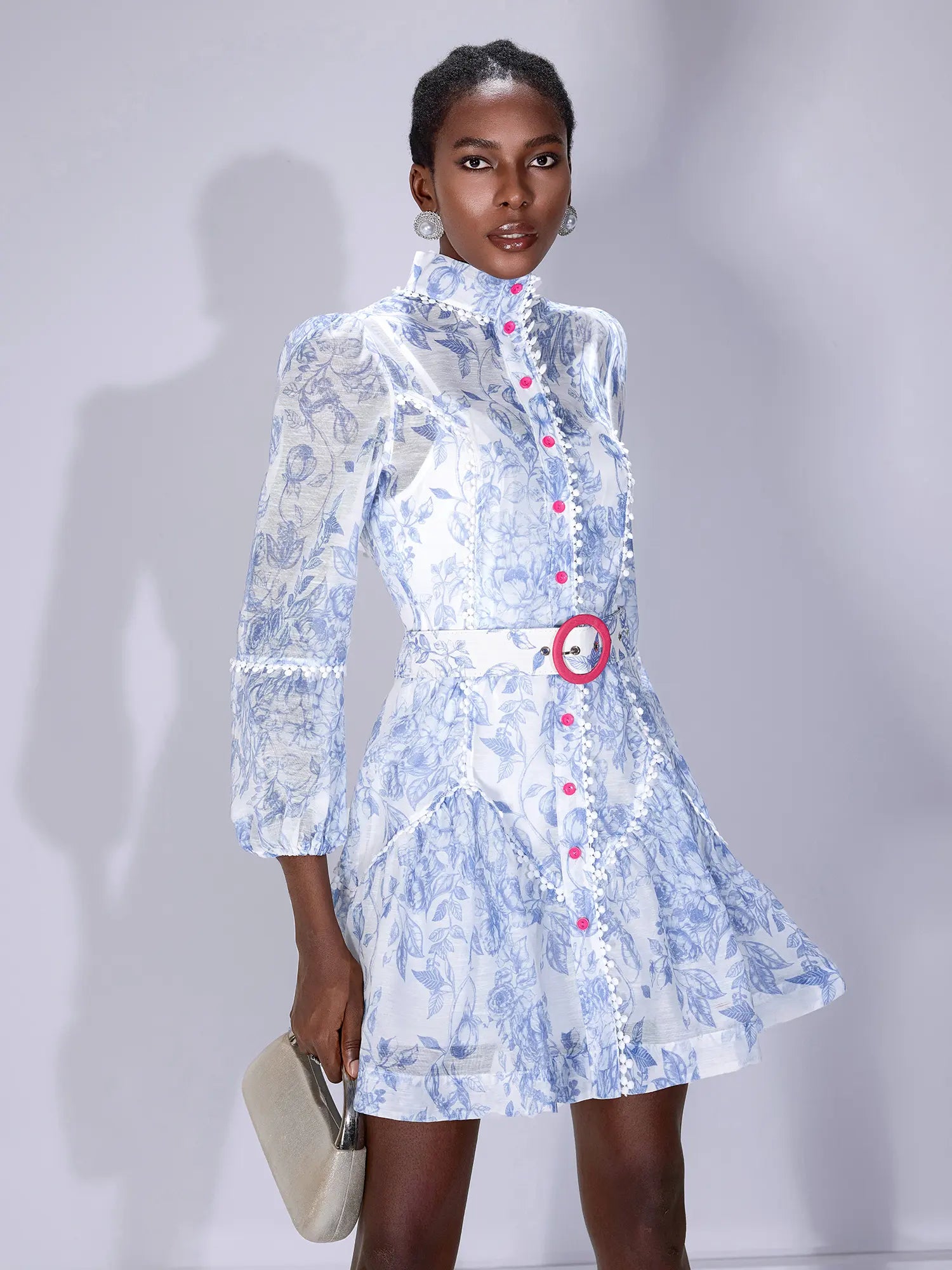 Blue Printed High-Neck Mini Dress with Belt|NOOSGOP