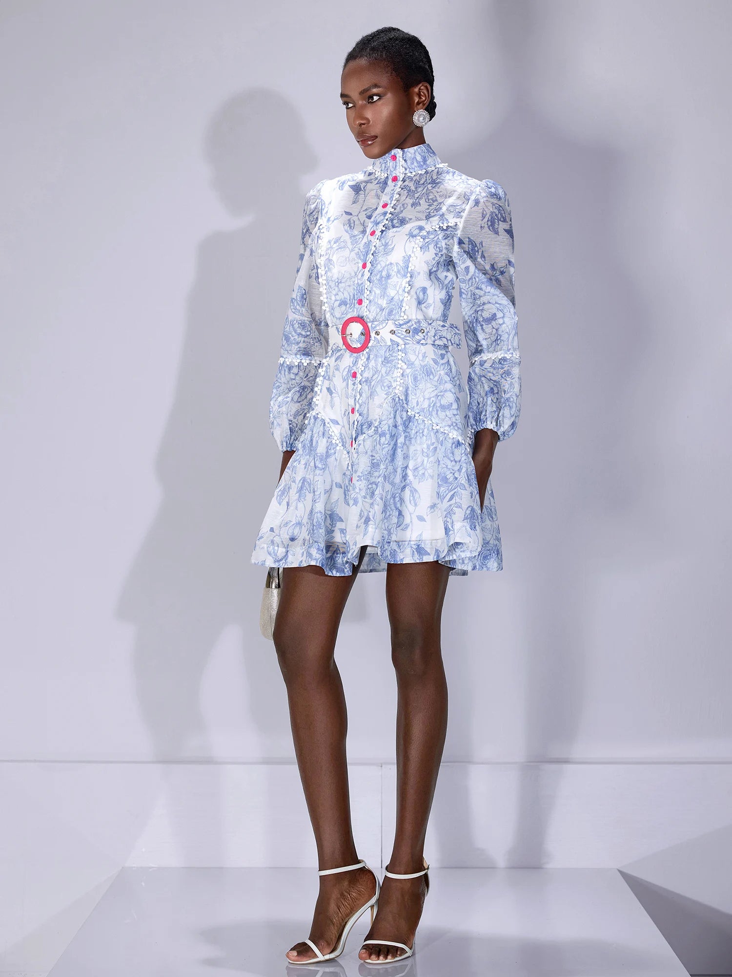 Blue Printed High-Neck Mini Dress with Belt|NOOSGOP