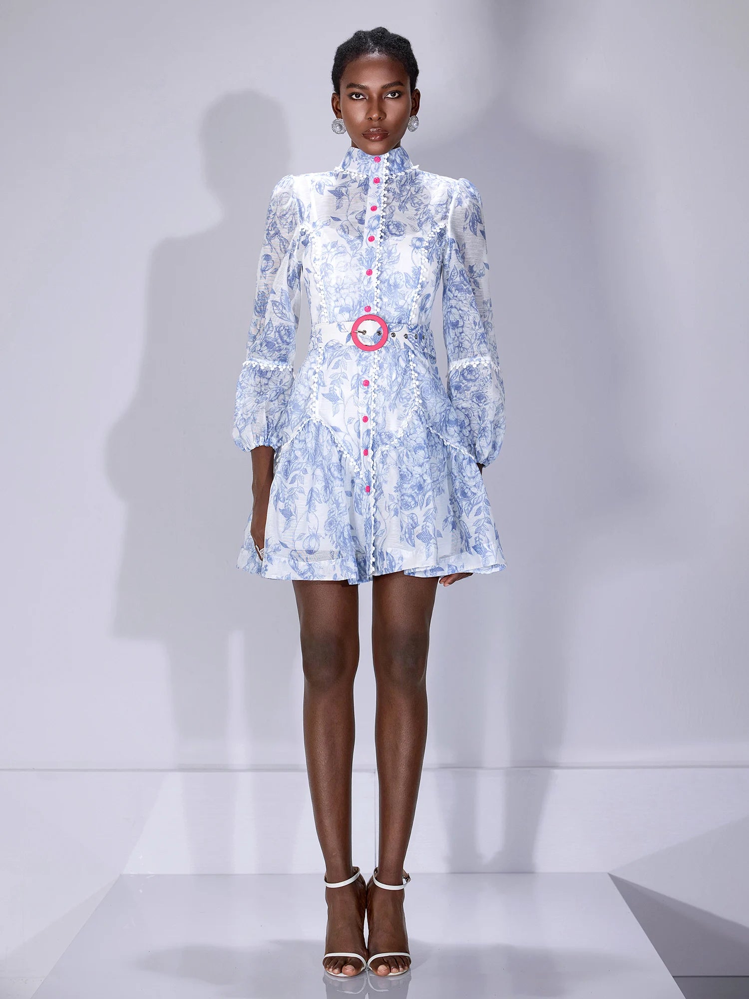 Blue Printed High-Neck Mini Dress with Belt|NOOSGOP