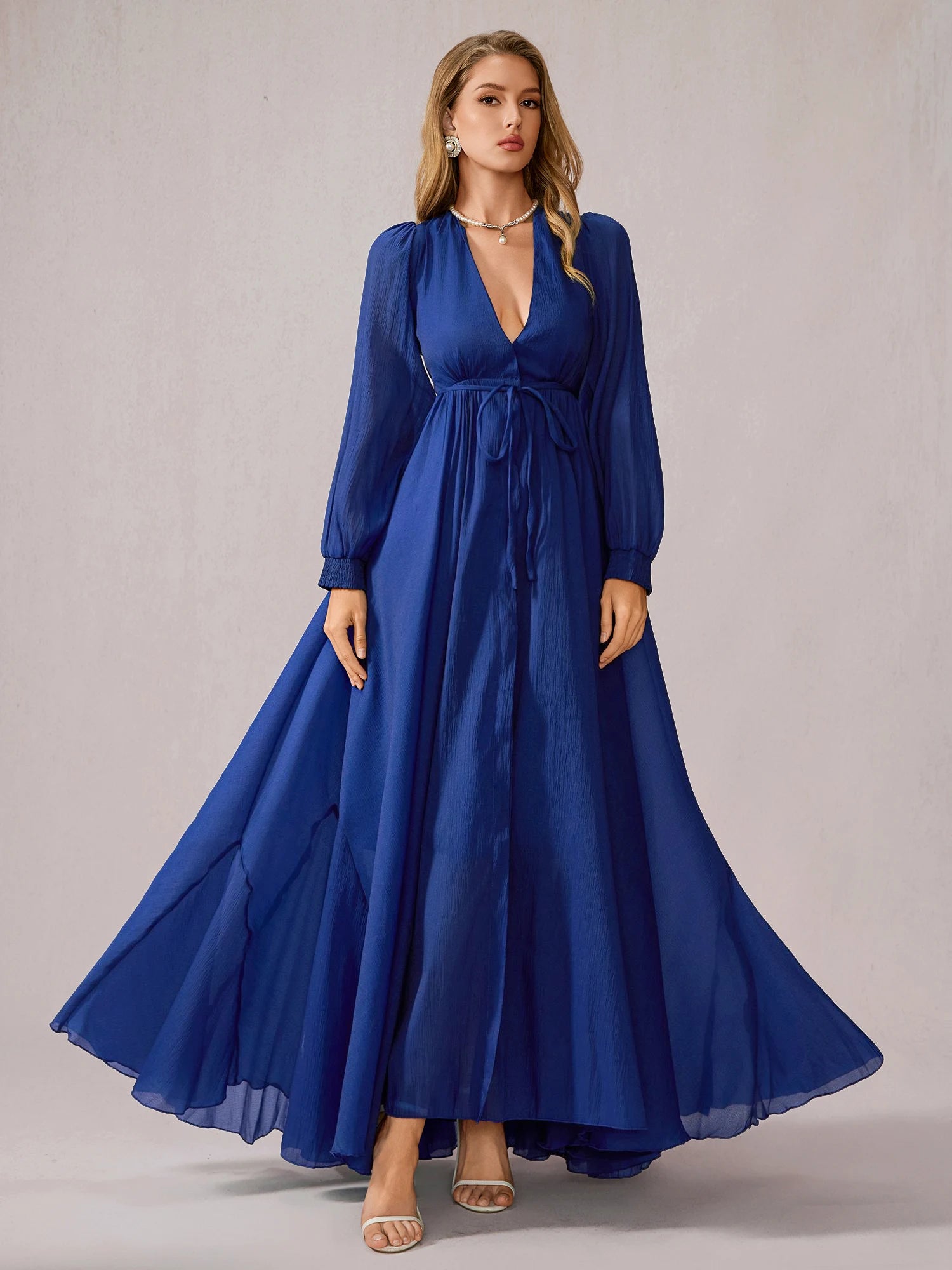 Blue V-Neck Tulle Vacation Maxi Dress|NOOSGOP