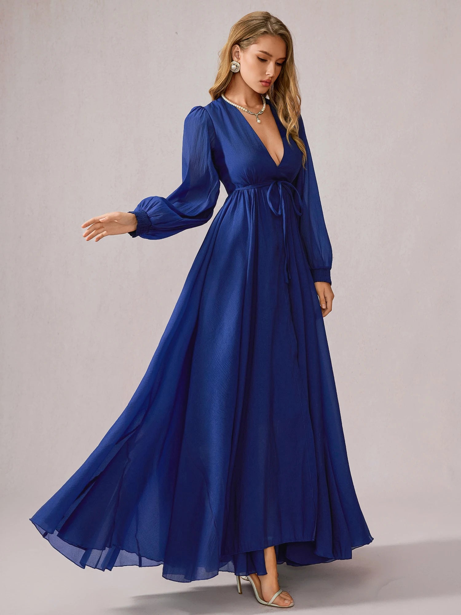 Blue V-Neck Tulle Vacation Maxi Dress|NOOSGOP