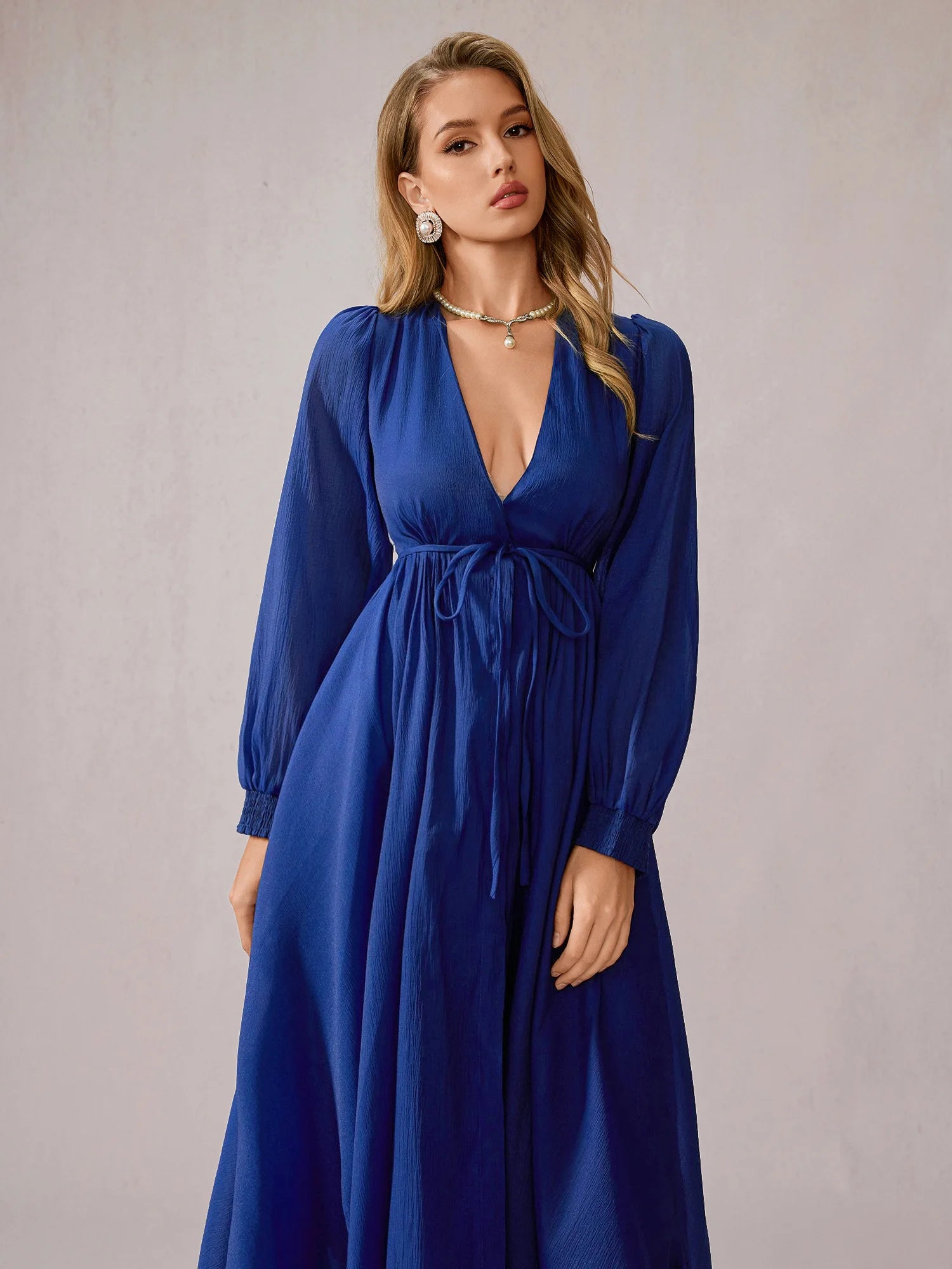 Blue V-Neck Tulle Vacation Maxi Dress|NOOSGOP