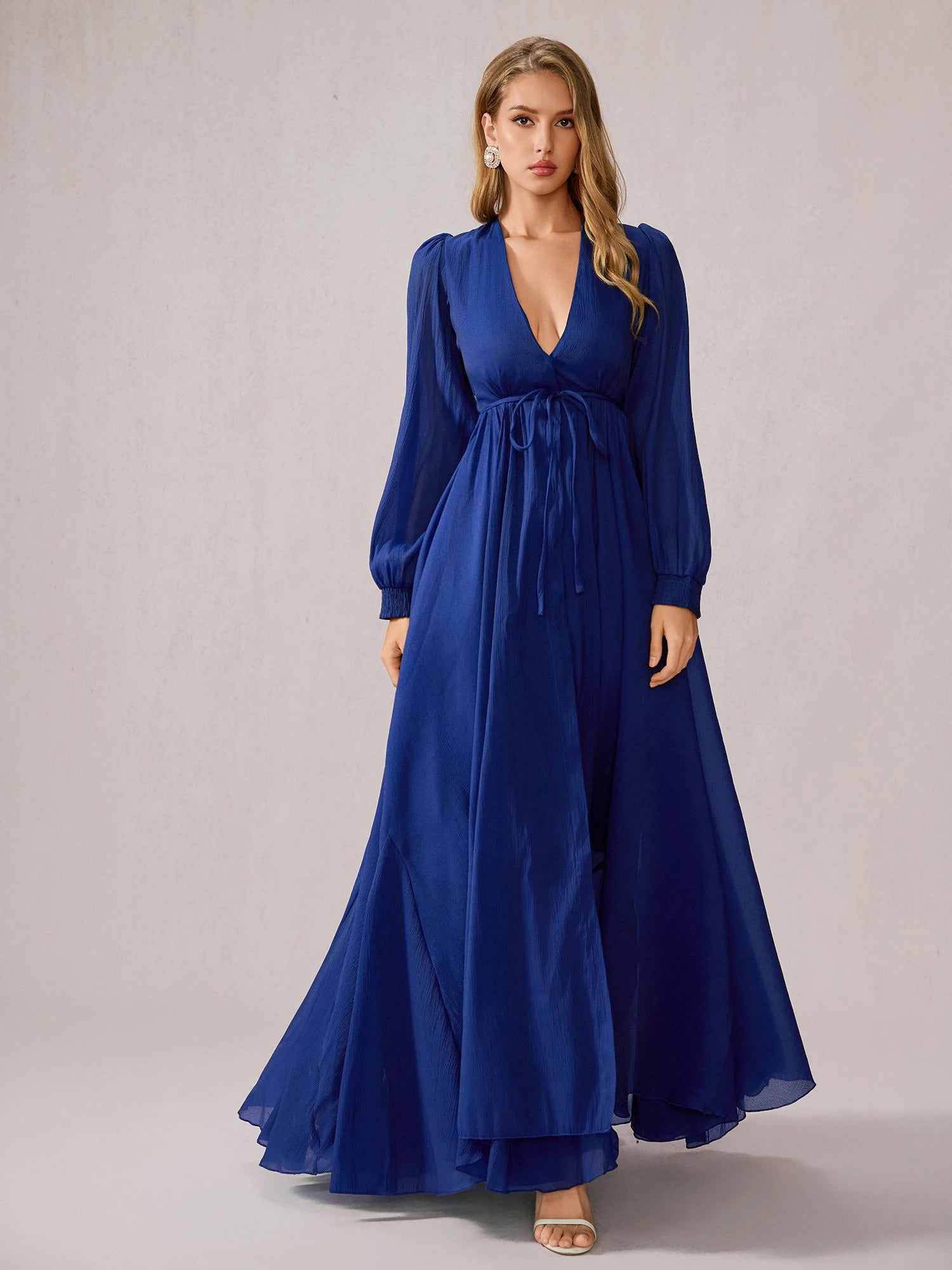 Blue V-Neck Tulle Vacation Maxi Dress|NOOSGOP