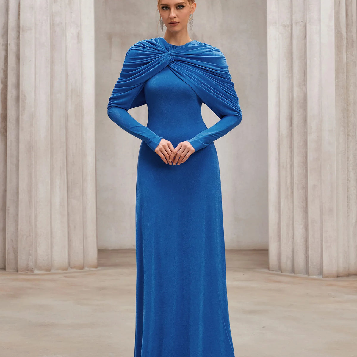 Blue Wedding Maxi Dress – Slim Fit with Pleated Shoulder Detail