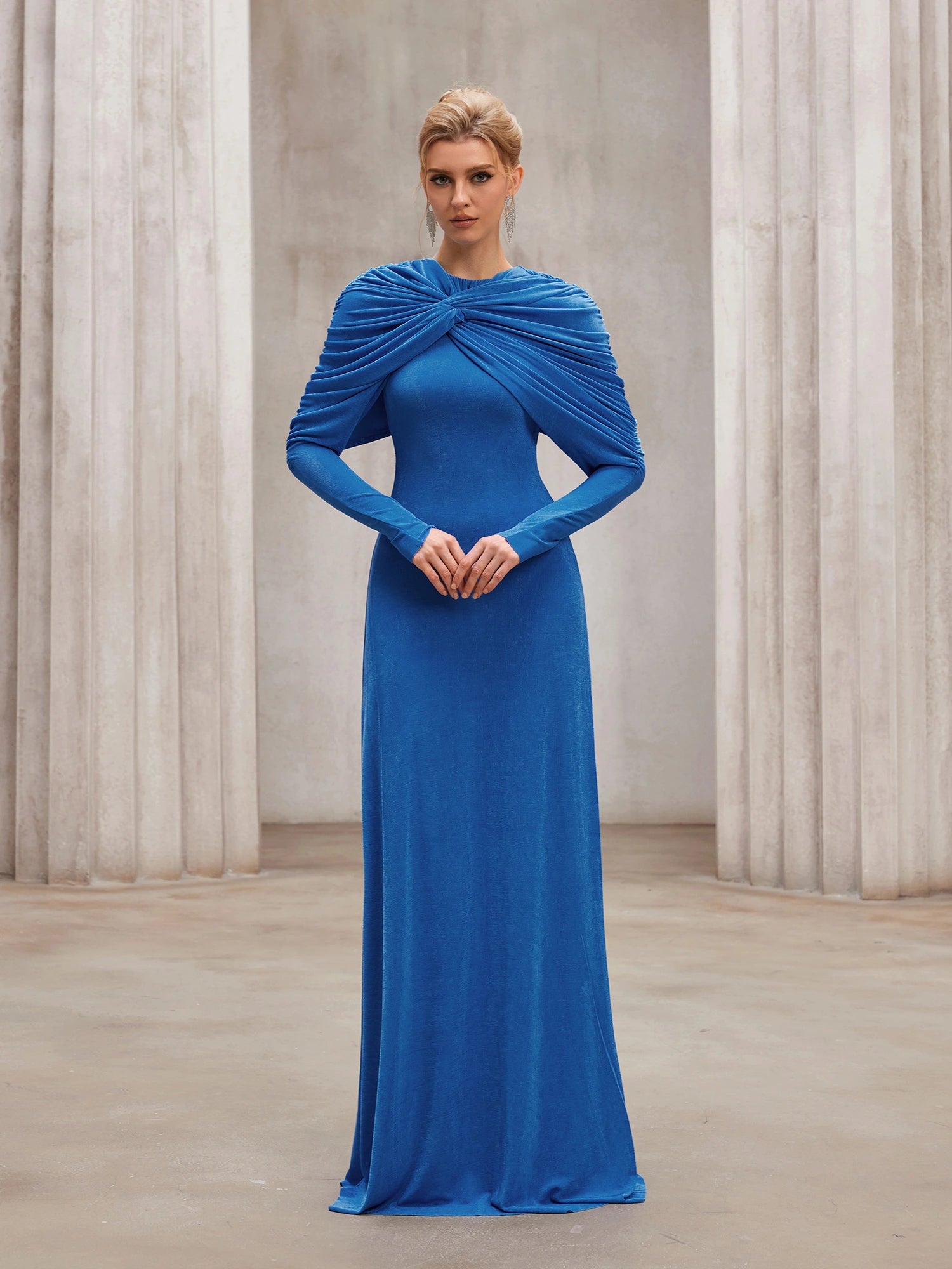 Blue pleated shawl long slim fit maxi dress|NOOSGOP