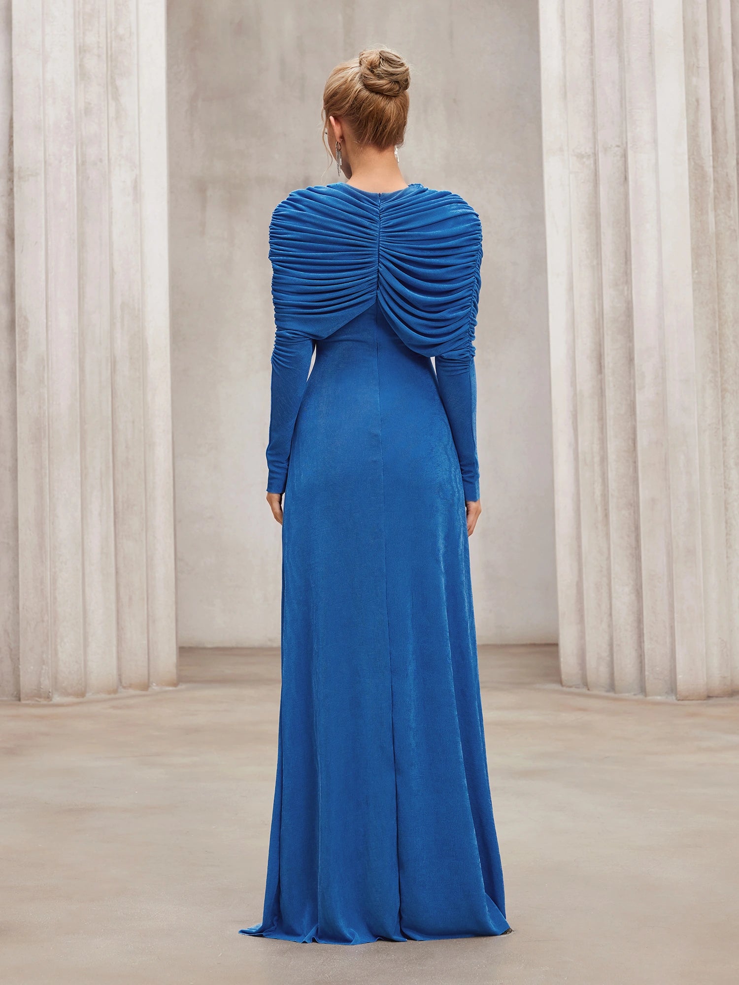Blue pleated shawl long slim fit maxi dress|NOOSGOP