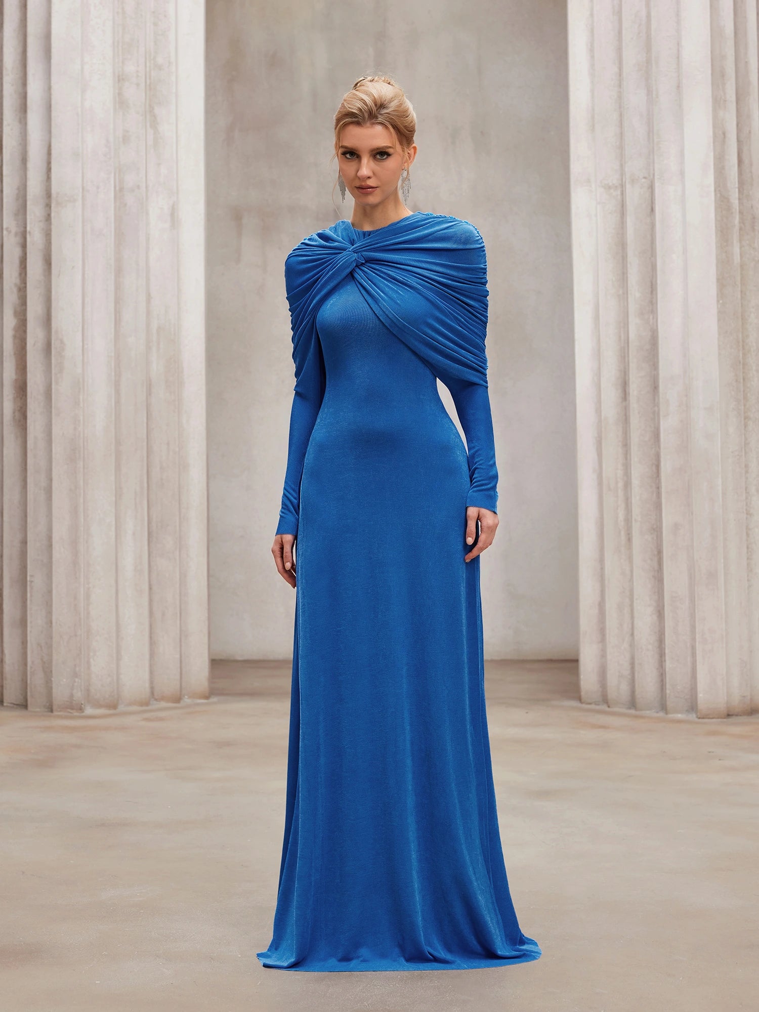 Blue pleated shawl long slim fit maxi dress|NOOSGOP