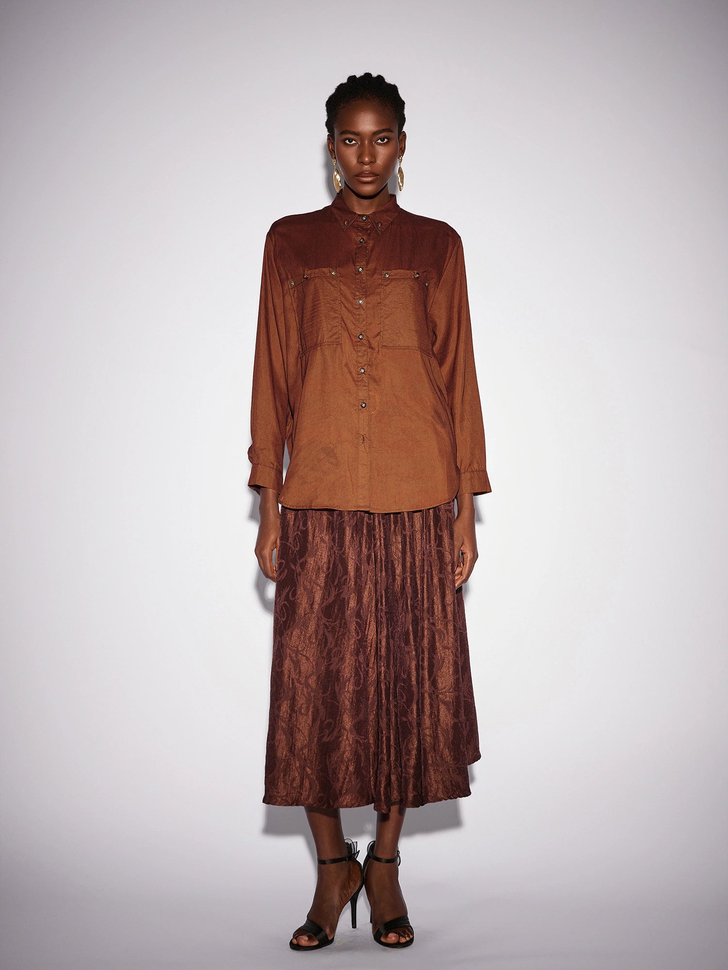 Brown High Neck Top and Shiny Midi Skirt Set|NOOSGOP