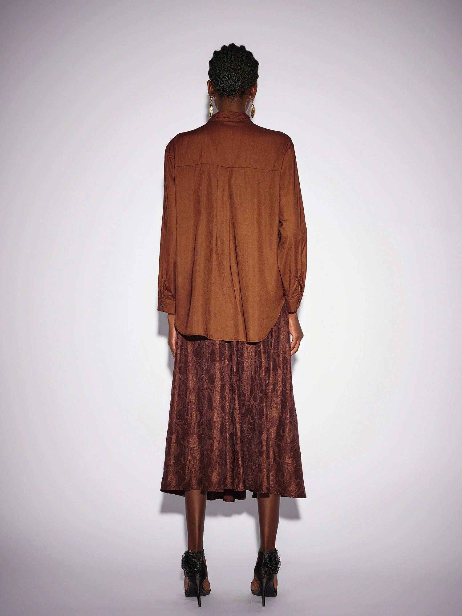 Brown High Neck Top and Shiny Midi Skirt Set|NOOSGOP