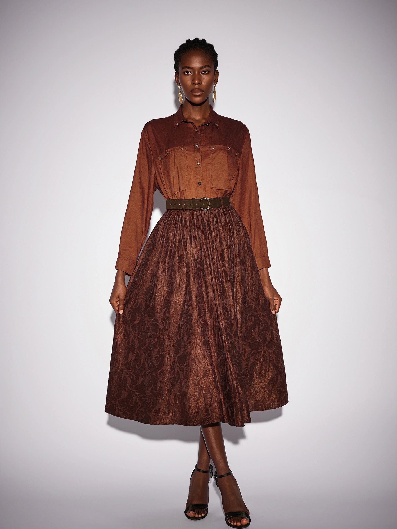 Brown High Neck Top and Shiny Midi Skirt Set|NOOSGOP