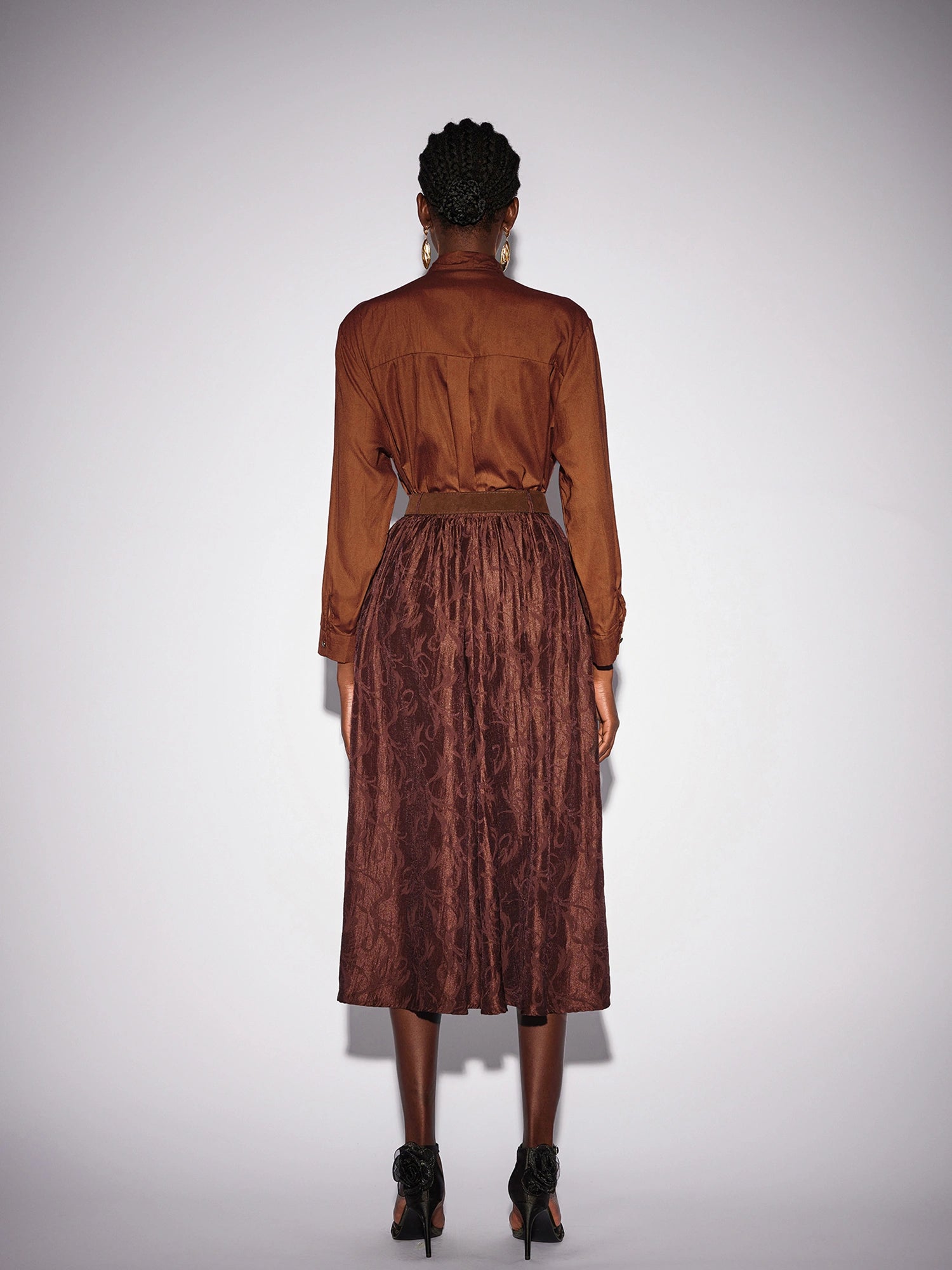 Brown High Neck Top and Shiny Midi Skirt Set|NOOSGOP