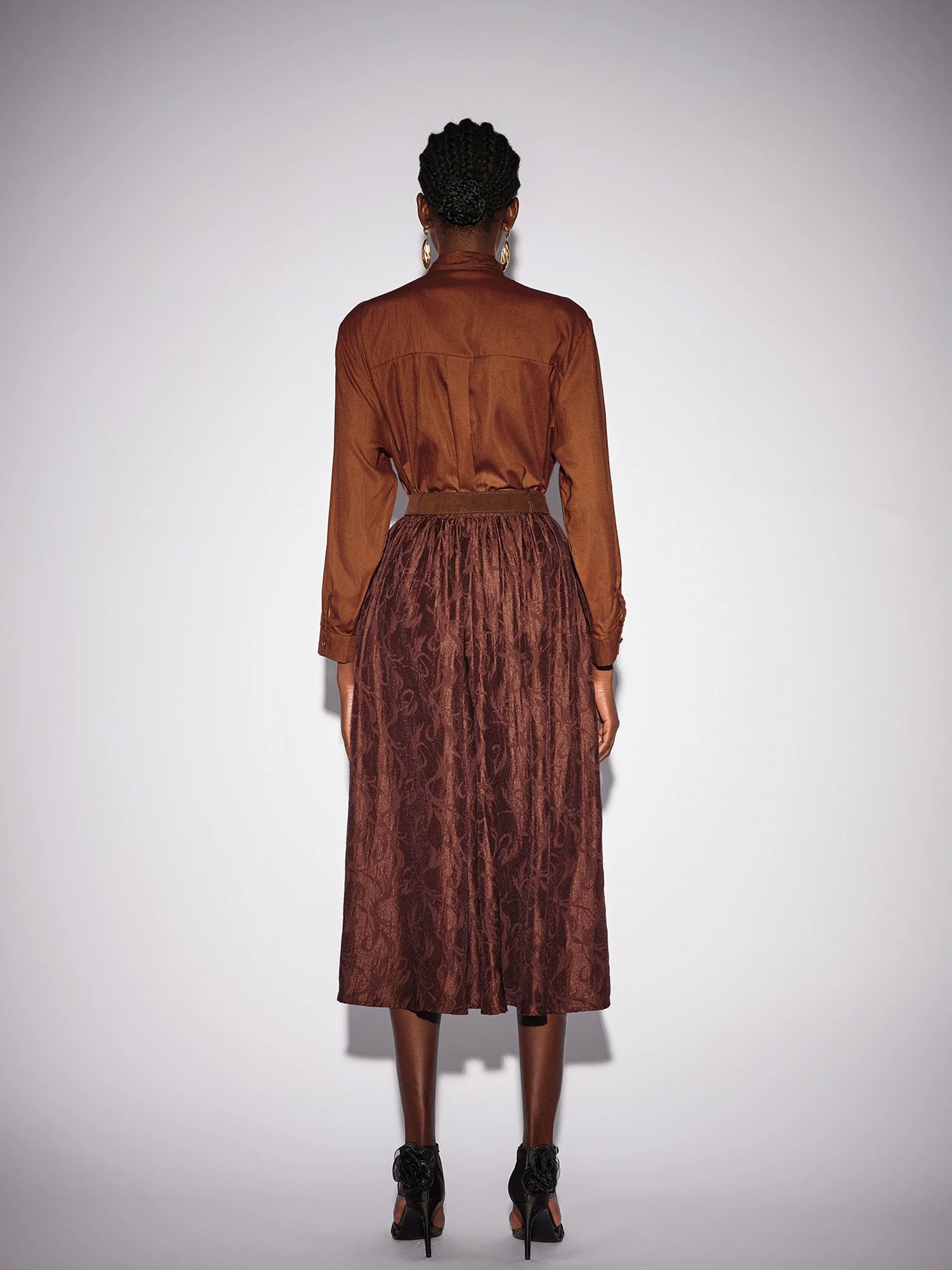 Brown High Neck Top and Shiny Midi Skirt Set|NOOSGOP