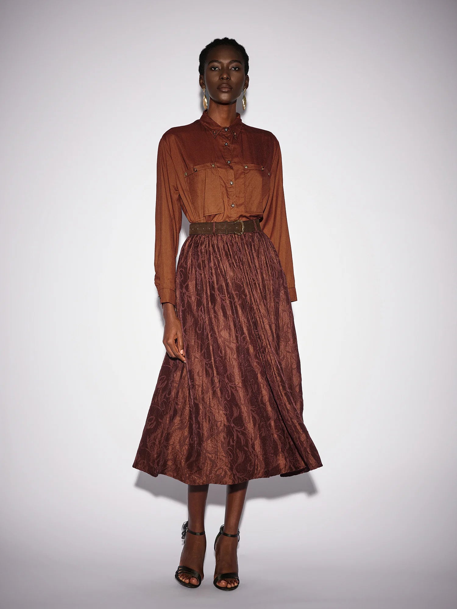 Brown High Neck Top and Shiny Midi Skirt Set|NOOSGOP