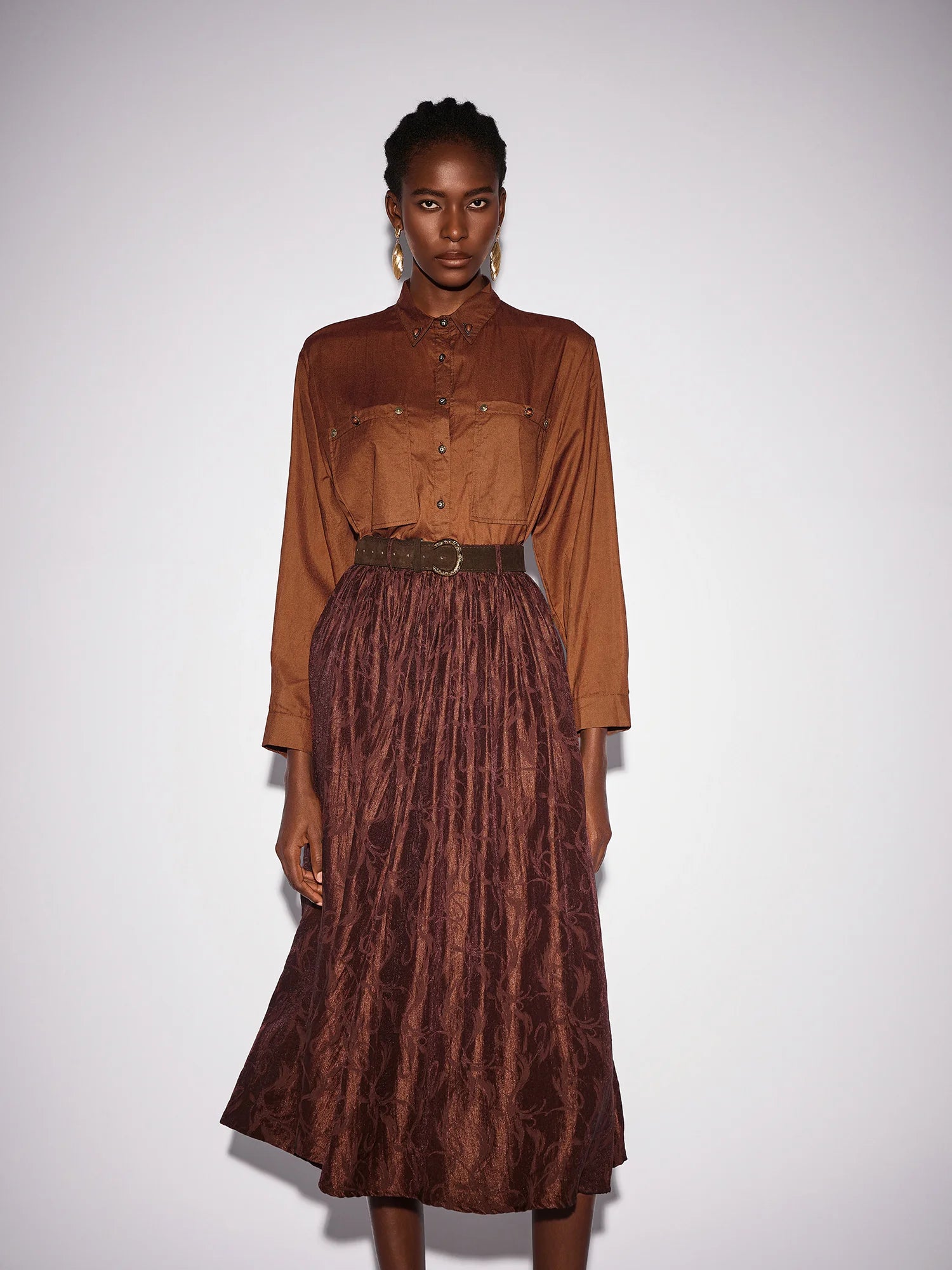 Brown High Neck Top and Shiny Midi Skirt Set|NOOSGOP