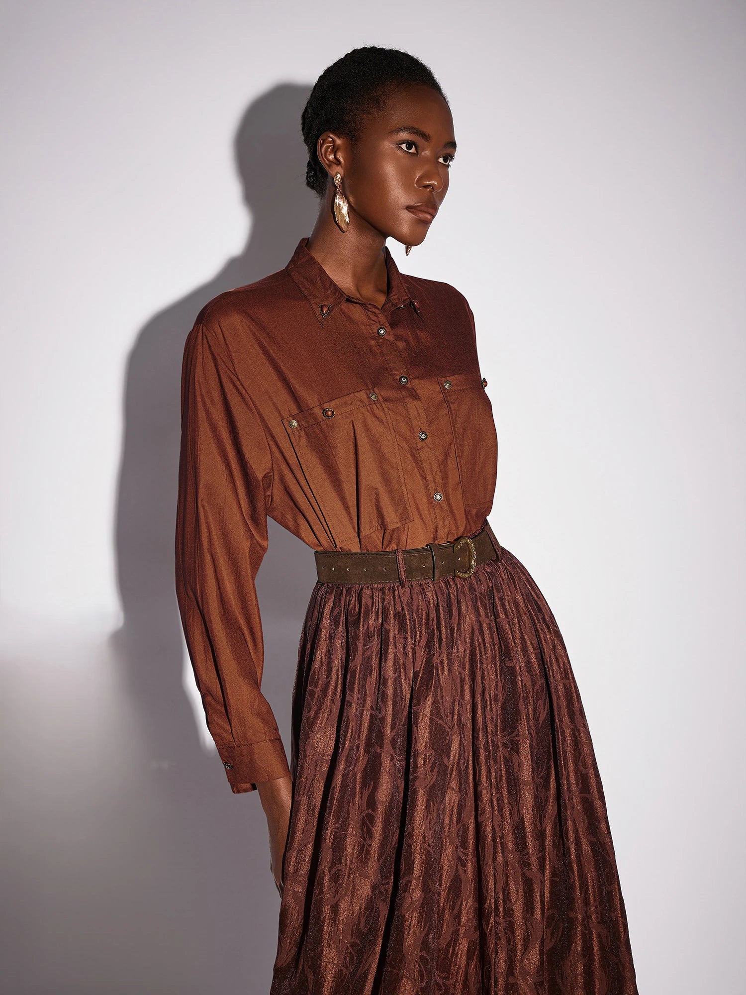 Brown High Neck Top and Shiny Midi Skirt Set|NOOSGOP