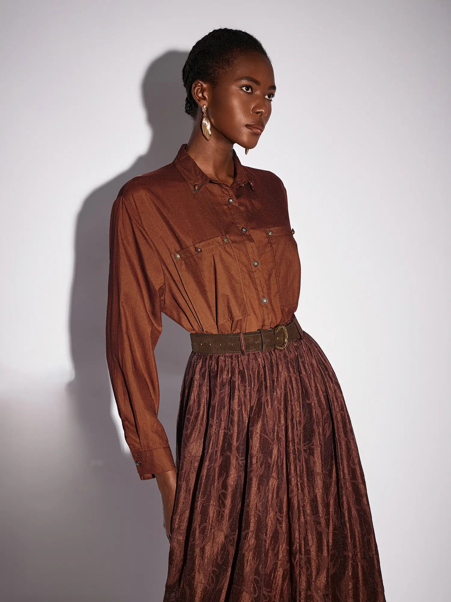 Brown High Neck Top and Shiny Midi Skirt Set|NOOSGOP