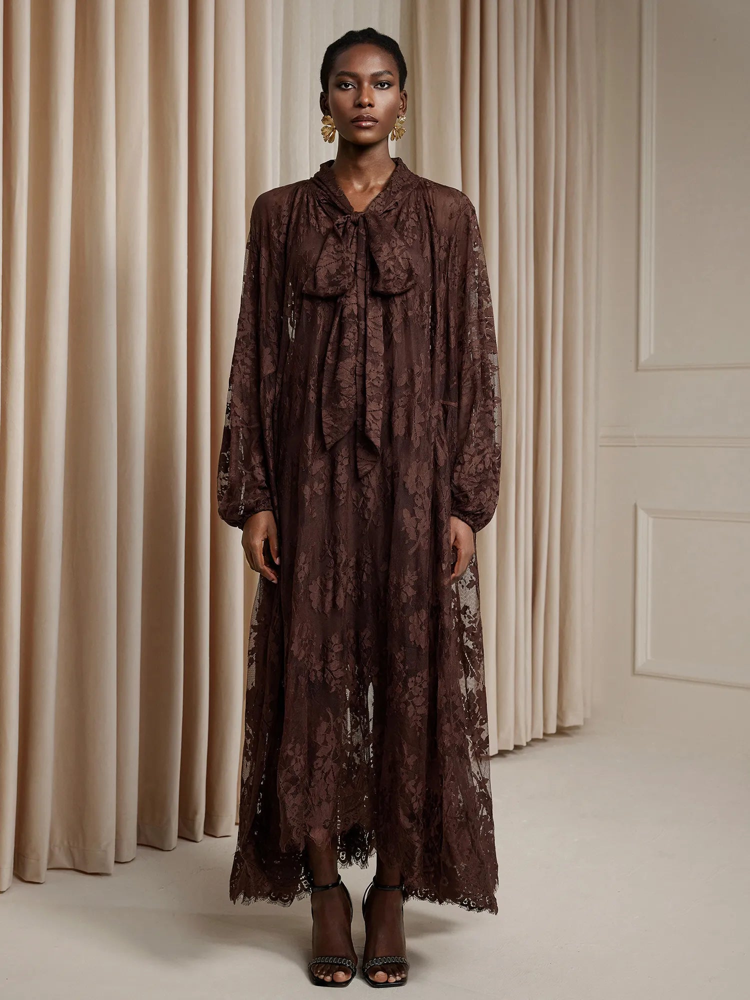 Brown Printed Sheer Maxi Dress|NOOSGOP