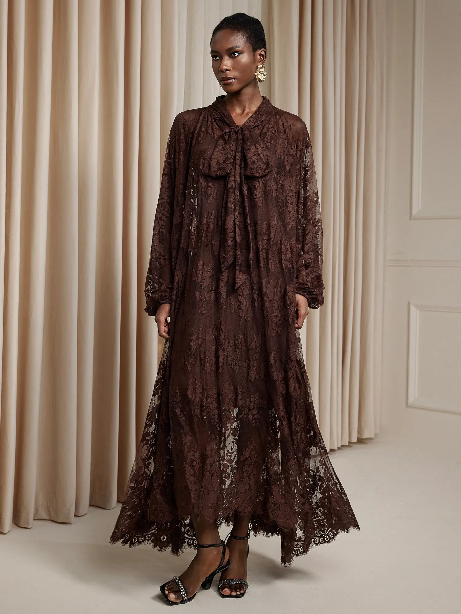 Brown Printed Sheer Maxi Dress|NOOSGOP