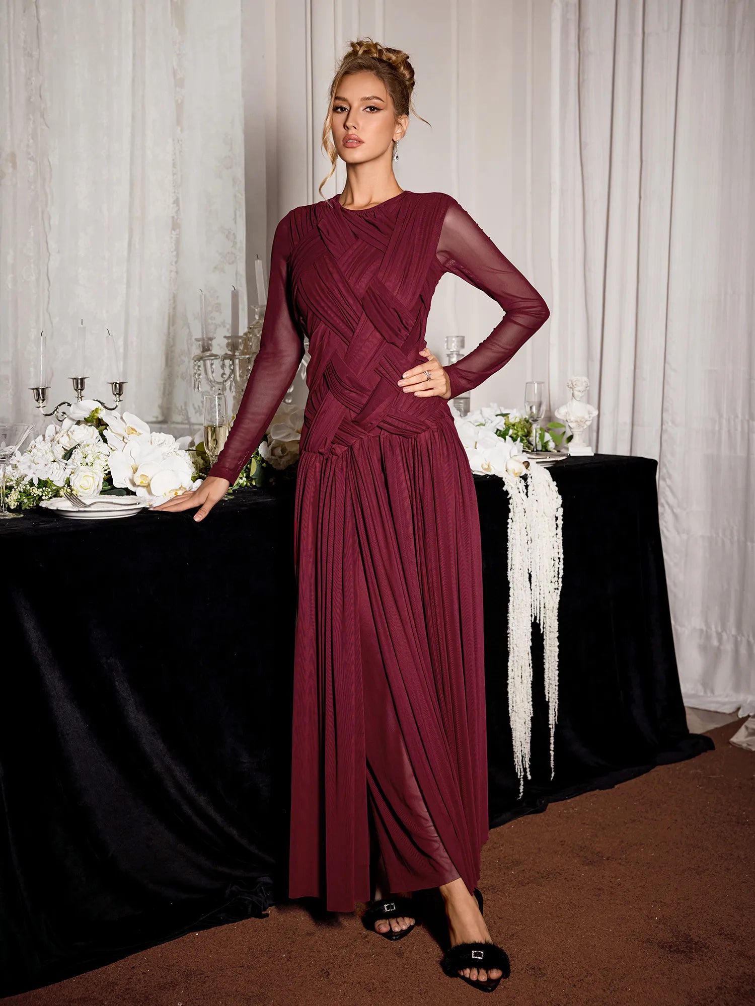 Burgundy Mesh Knit Elegant Midi Dress|NOOSGOP
