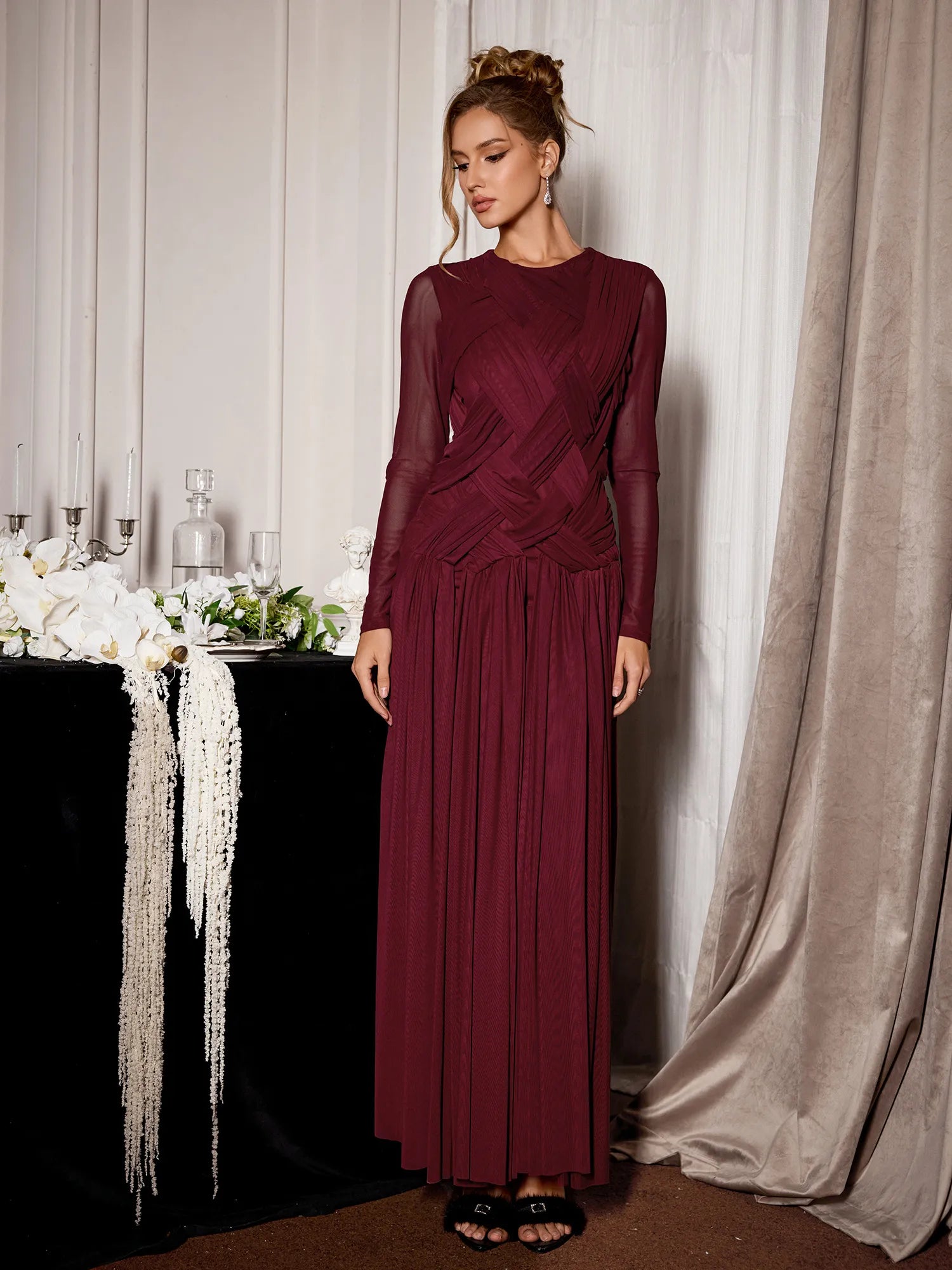 Burgundy Mesh Knit Elegant Midi Dress|NOOSGOP
